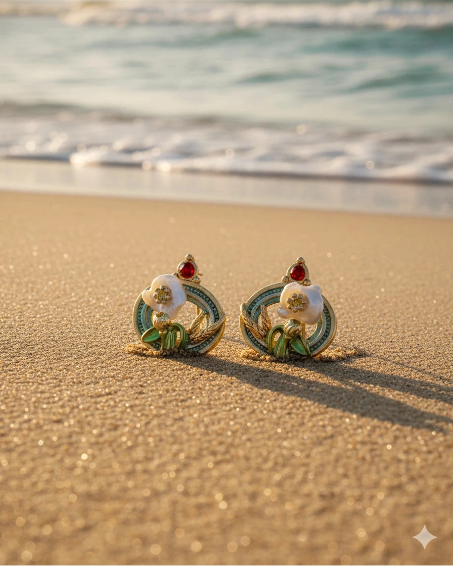 Pair of earrings on a sandy beach with ocean waves in the background