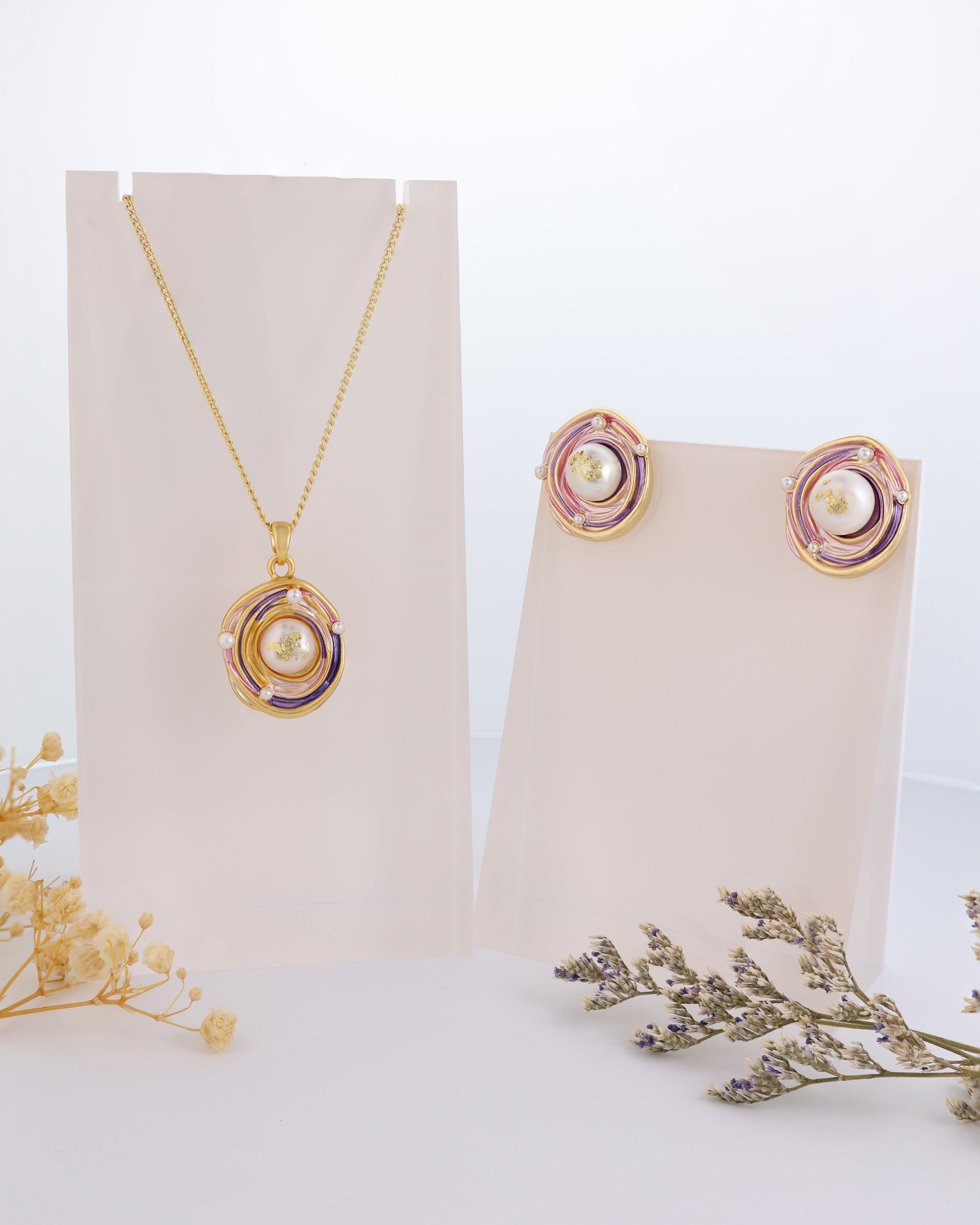 Pastel Nest Pendant Set & Earrings Natural Freshwater Pearl