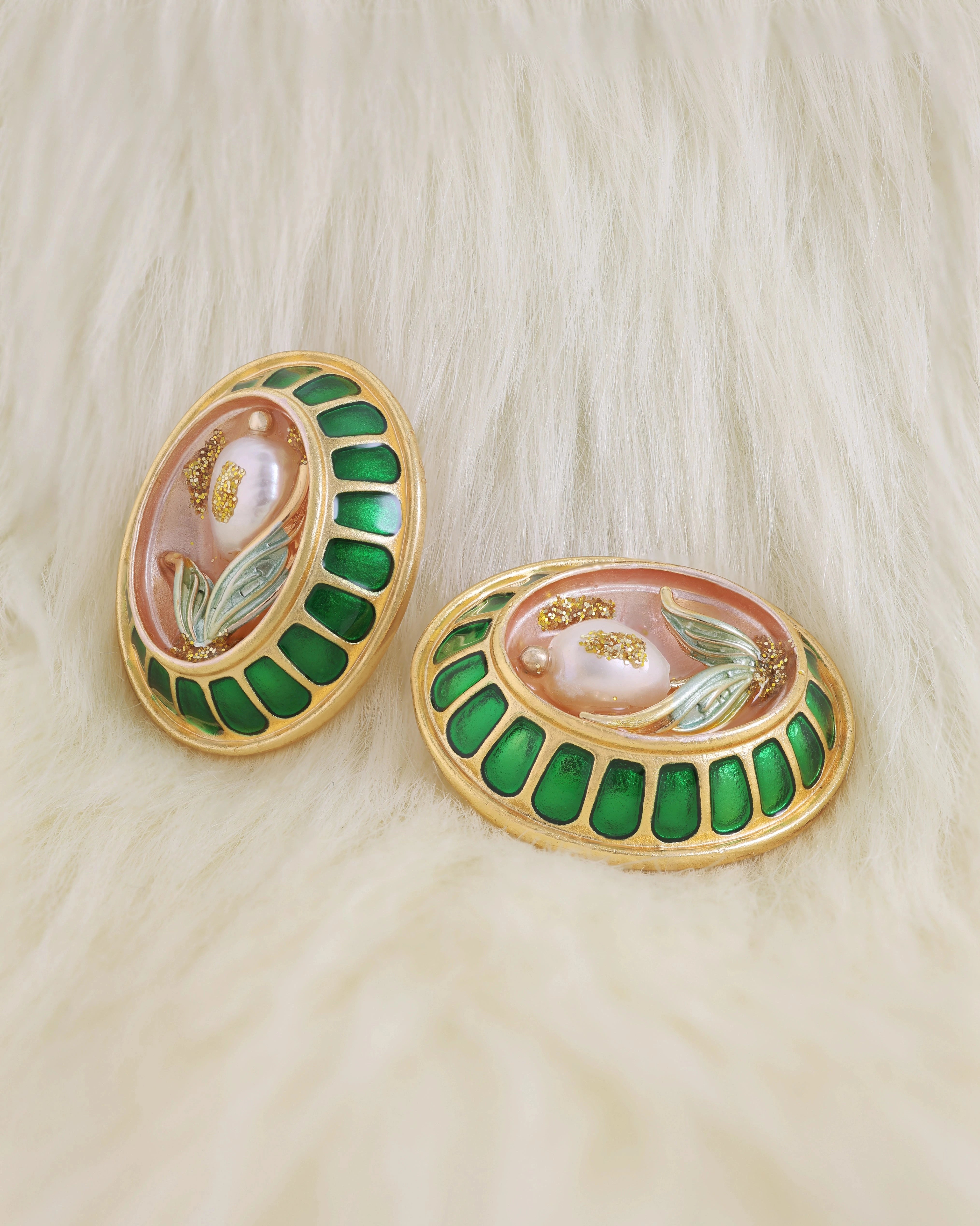Green Punch Pearl Ear Studs