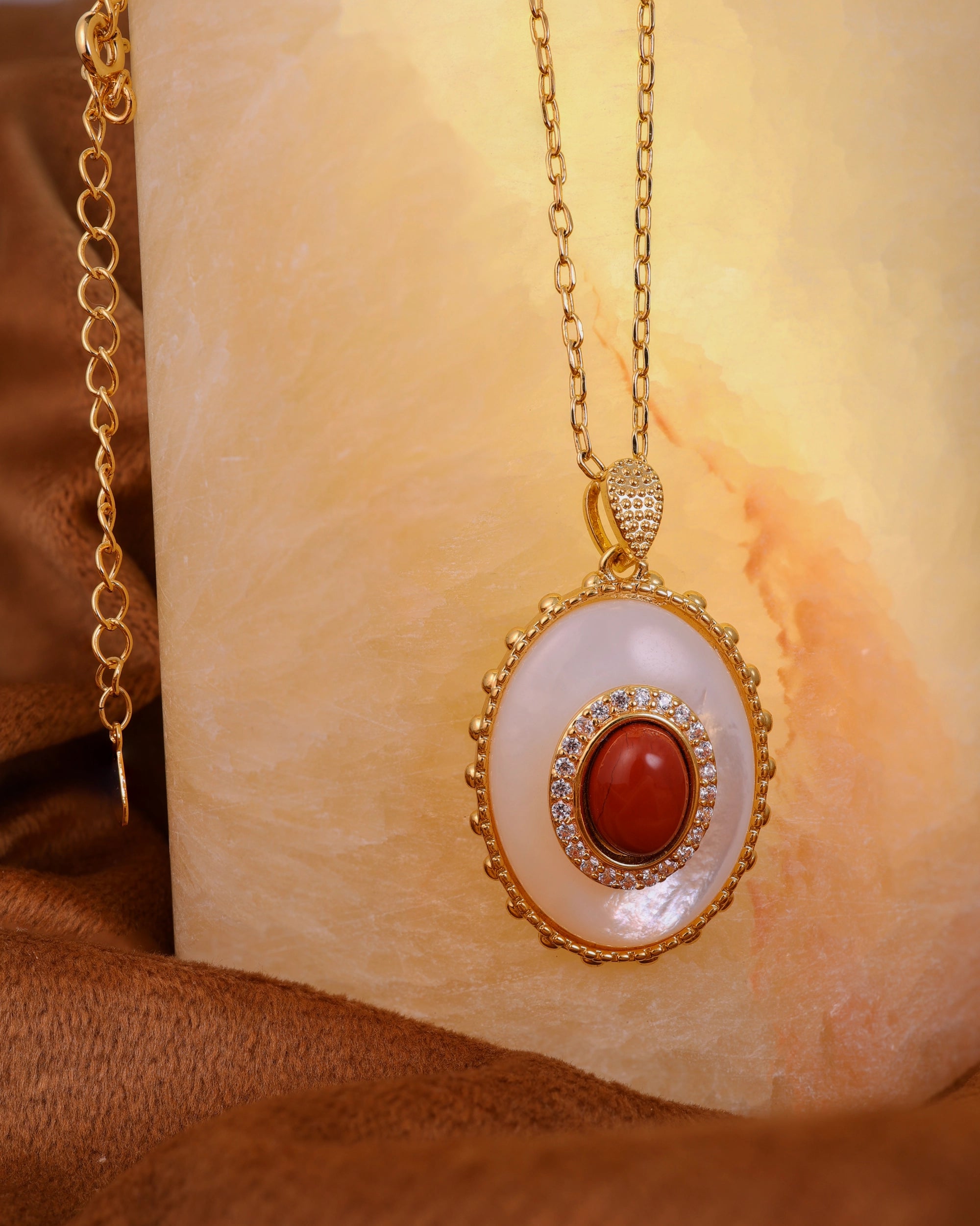 Tiger Stone on Mother of Pearl Pendant with Chain