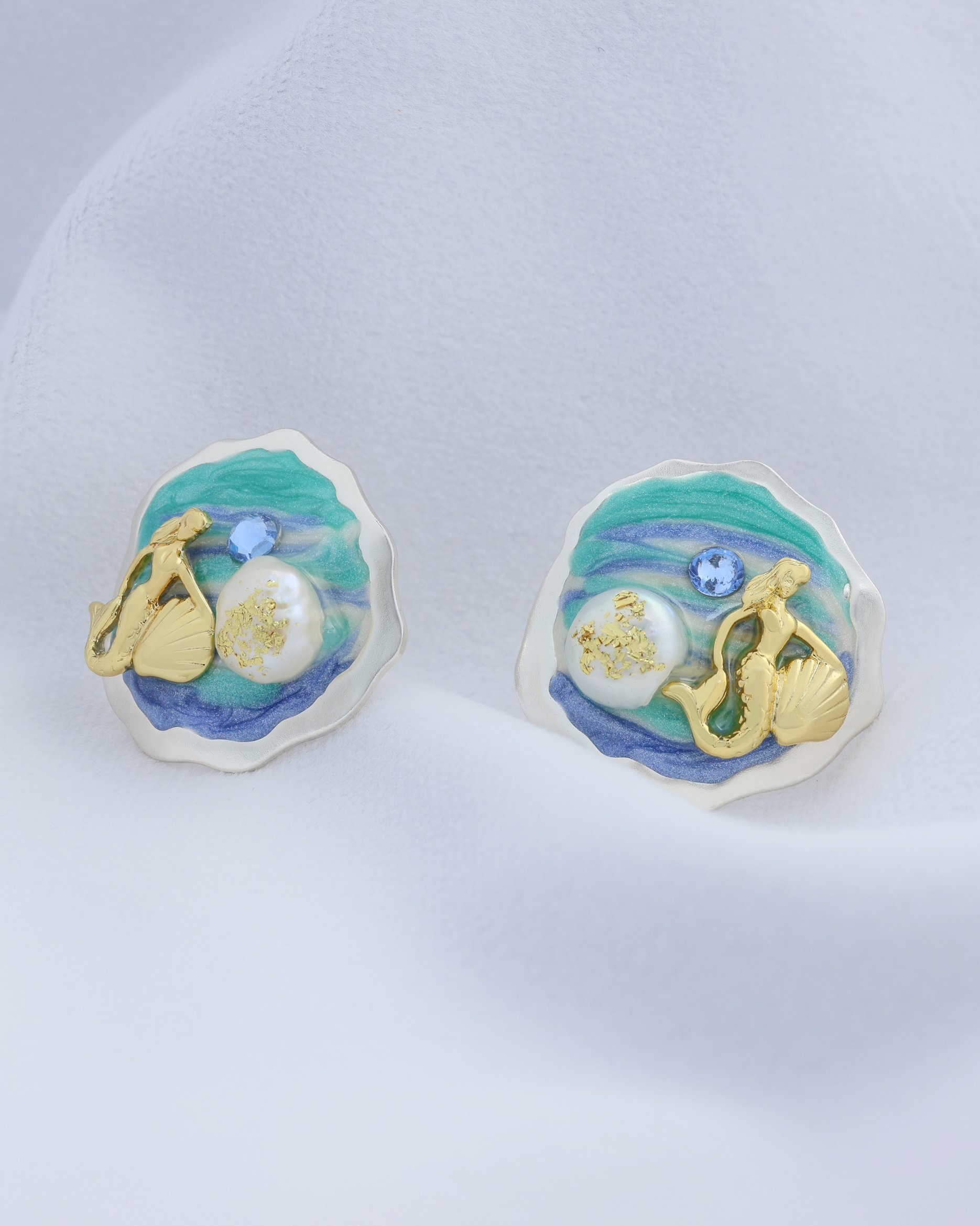 Mermaid on Beach Pearl Ear Studs