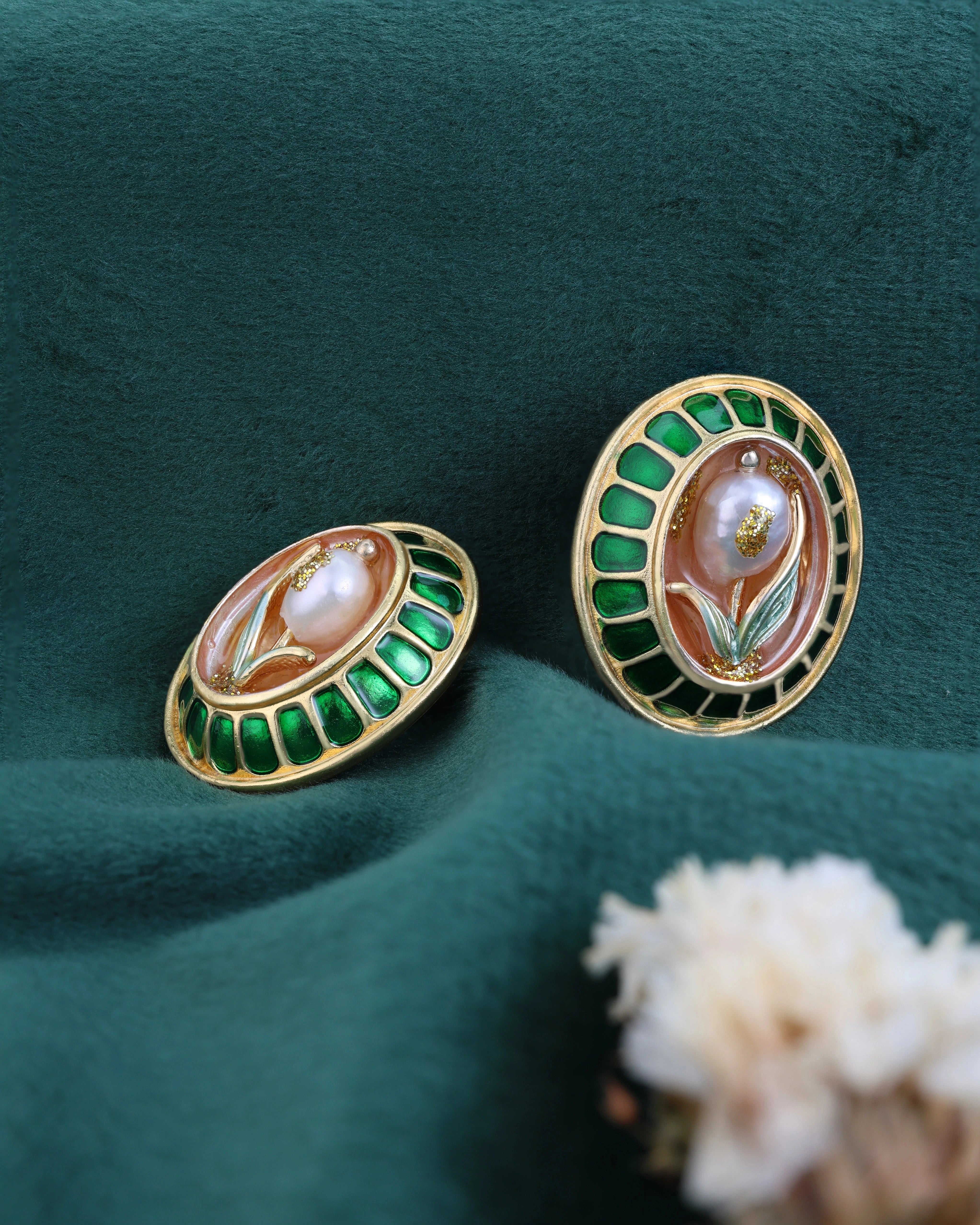 Green Punch Pearl Ear Studs