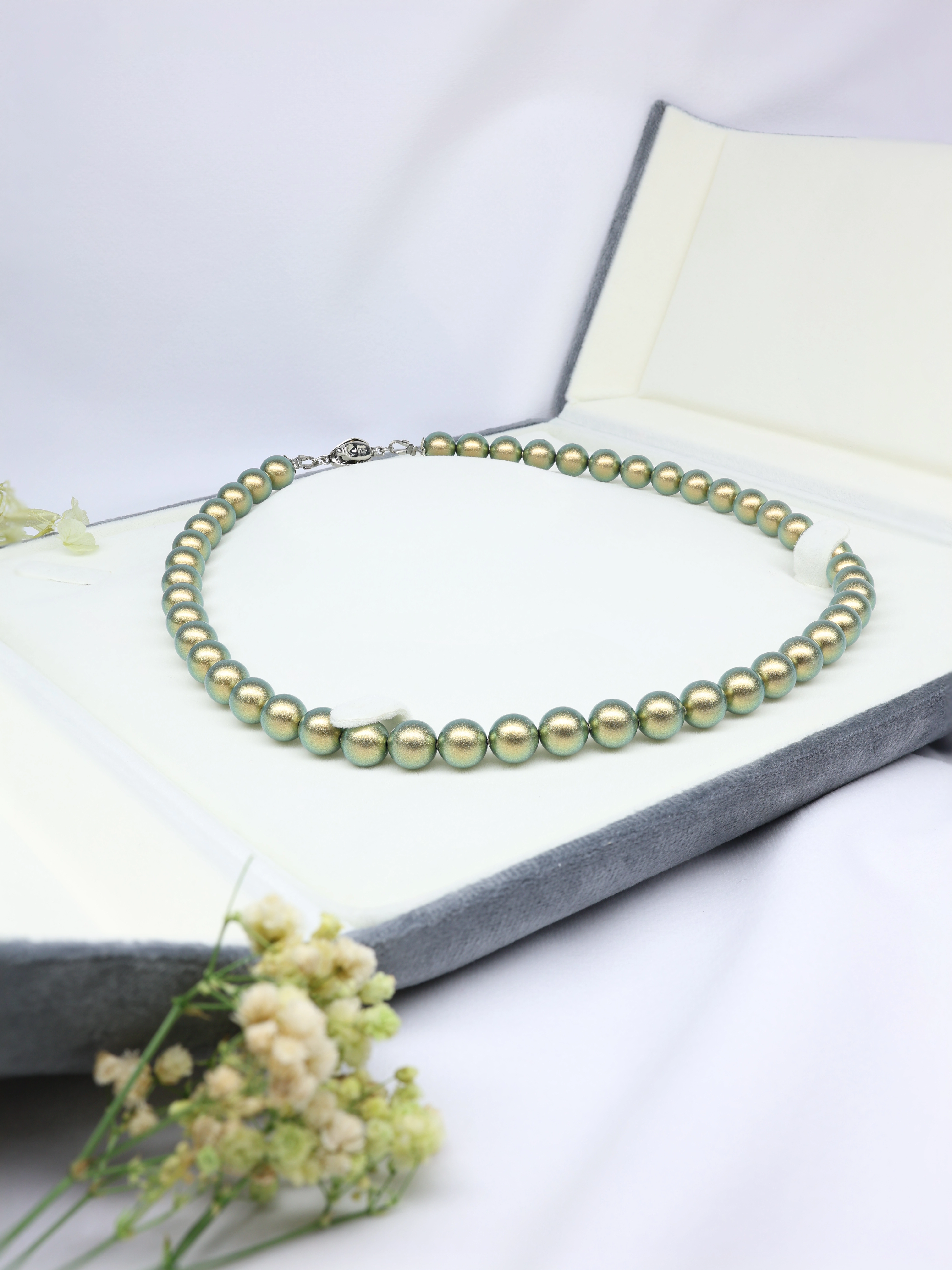 Iridescent Green Pearl Necklace Strand - Matte