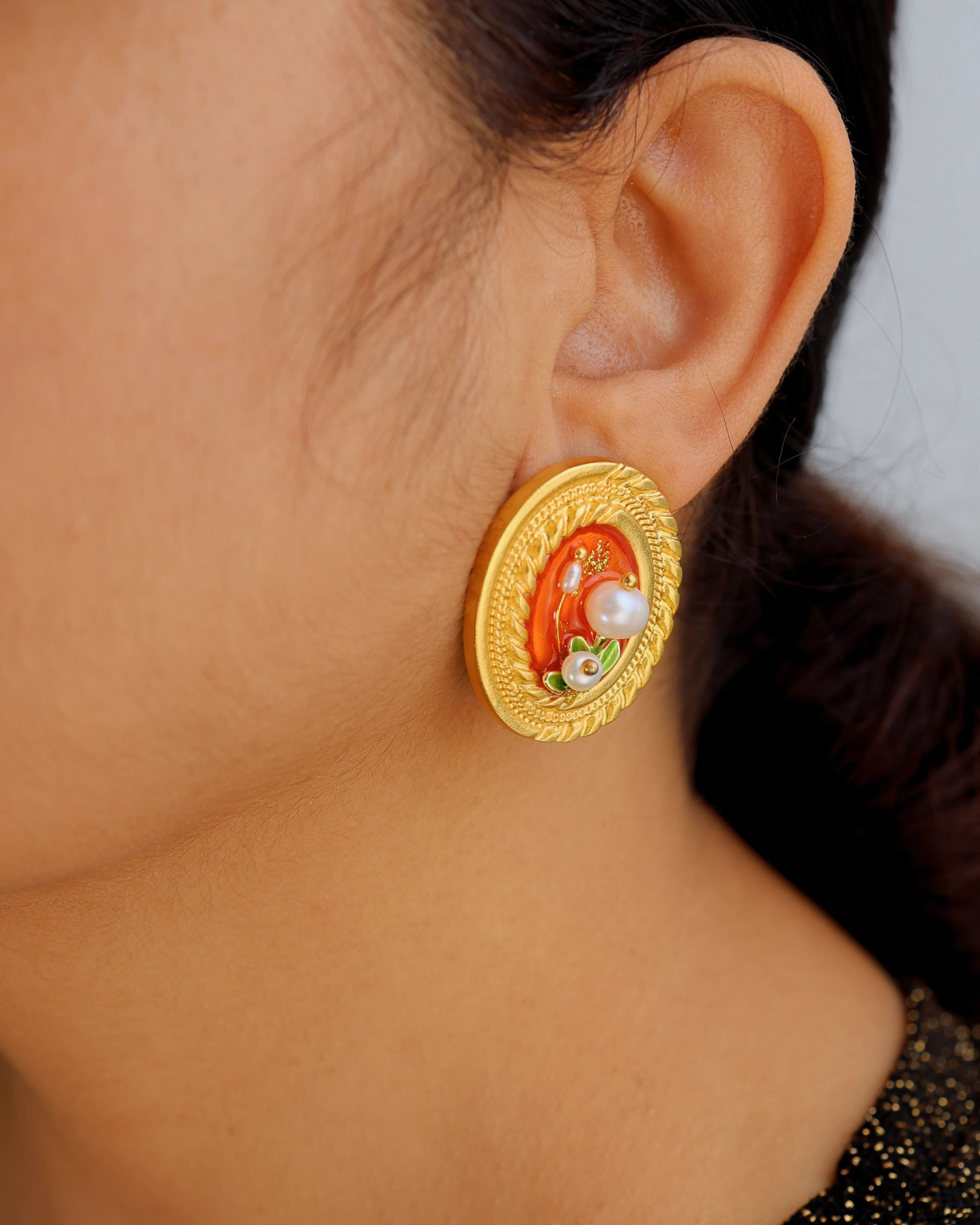 Coral 3 Pearl Large Ear Studs