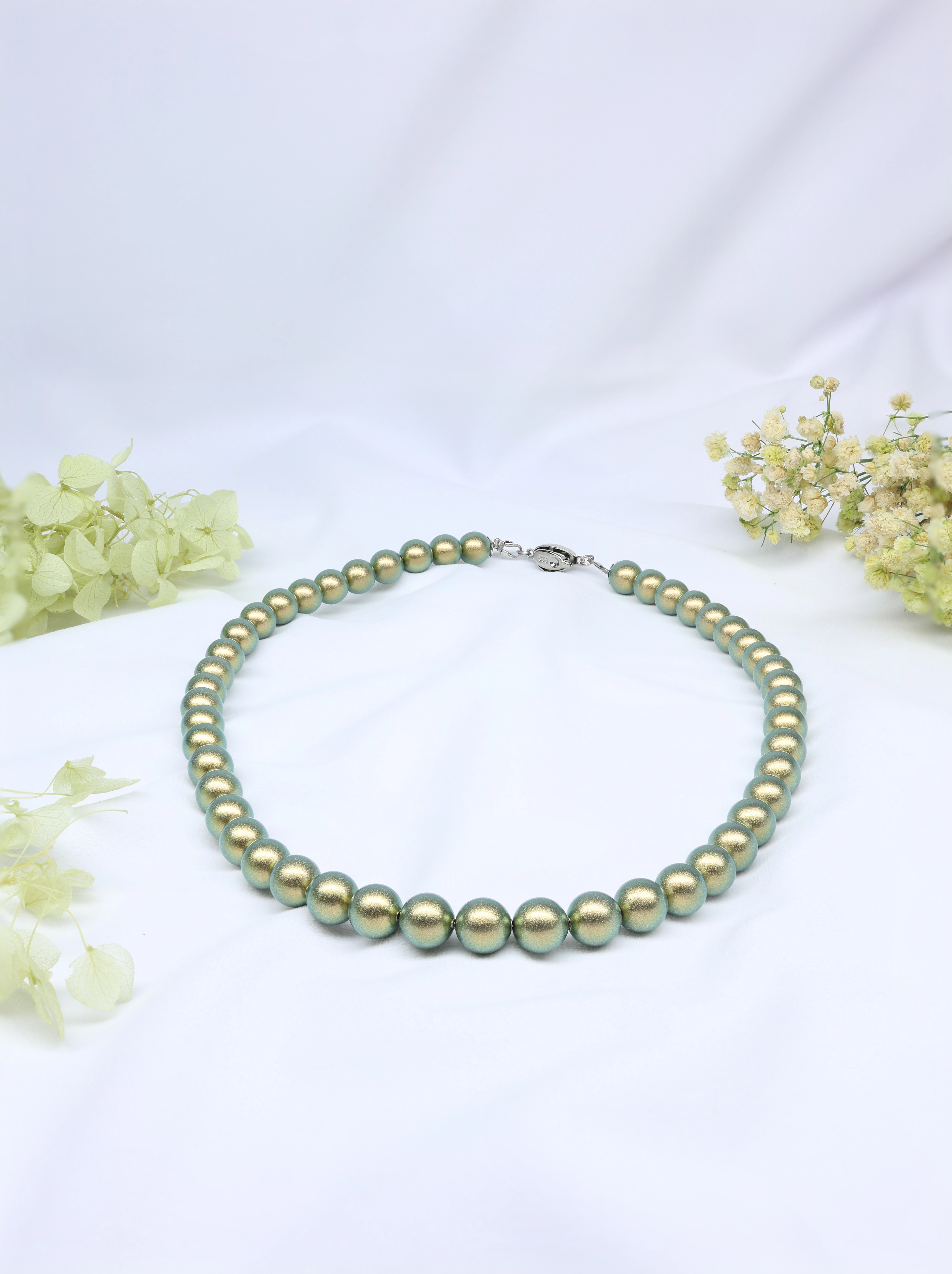 Iridescent Green Pearl Necklace Strand - Matte