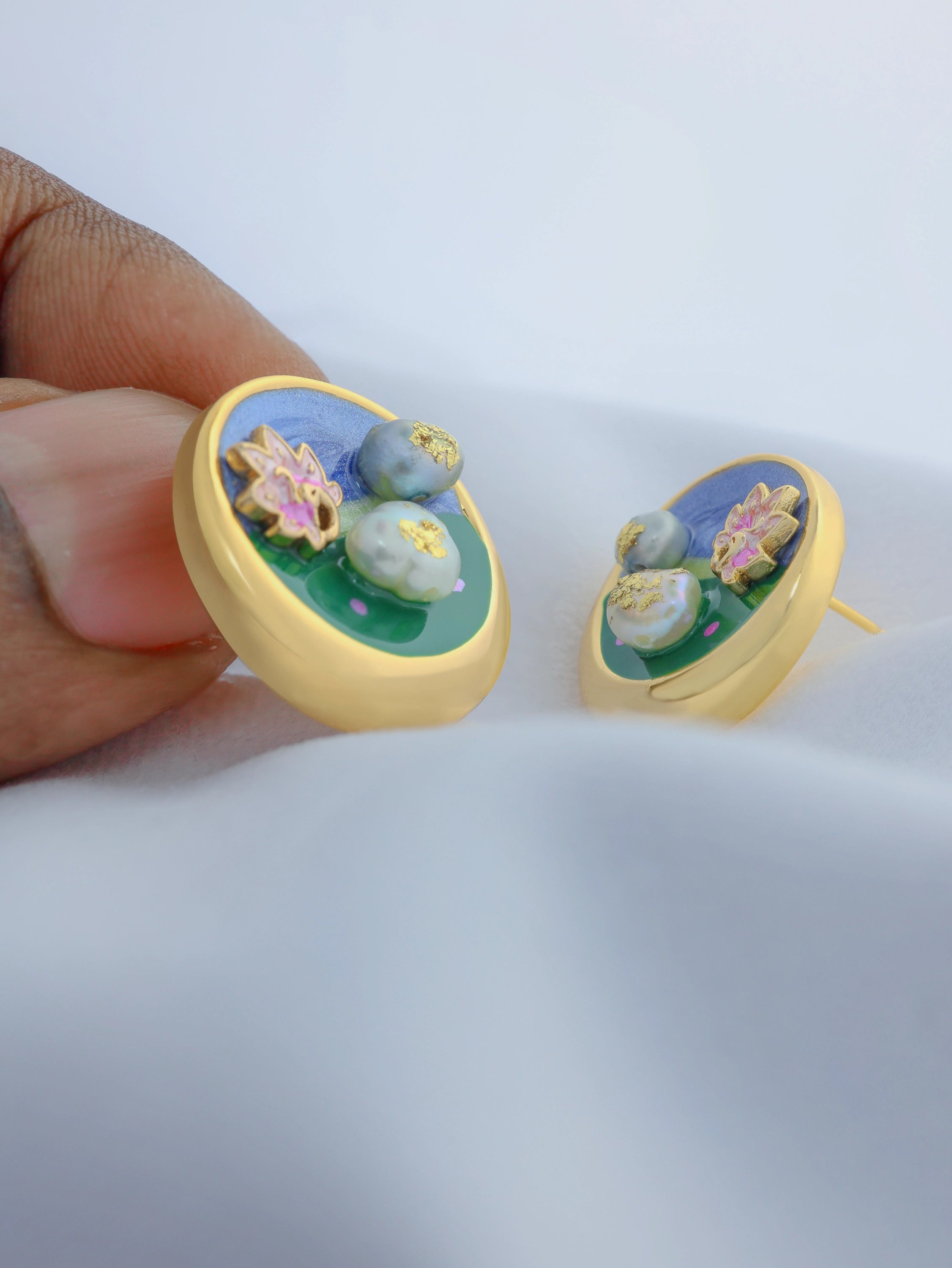 Lotus in Lake Pearl Ear Studs