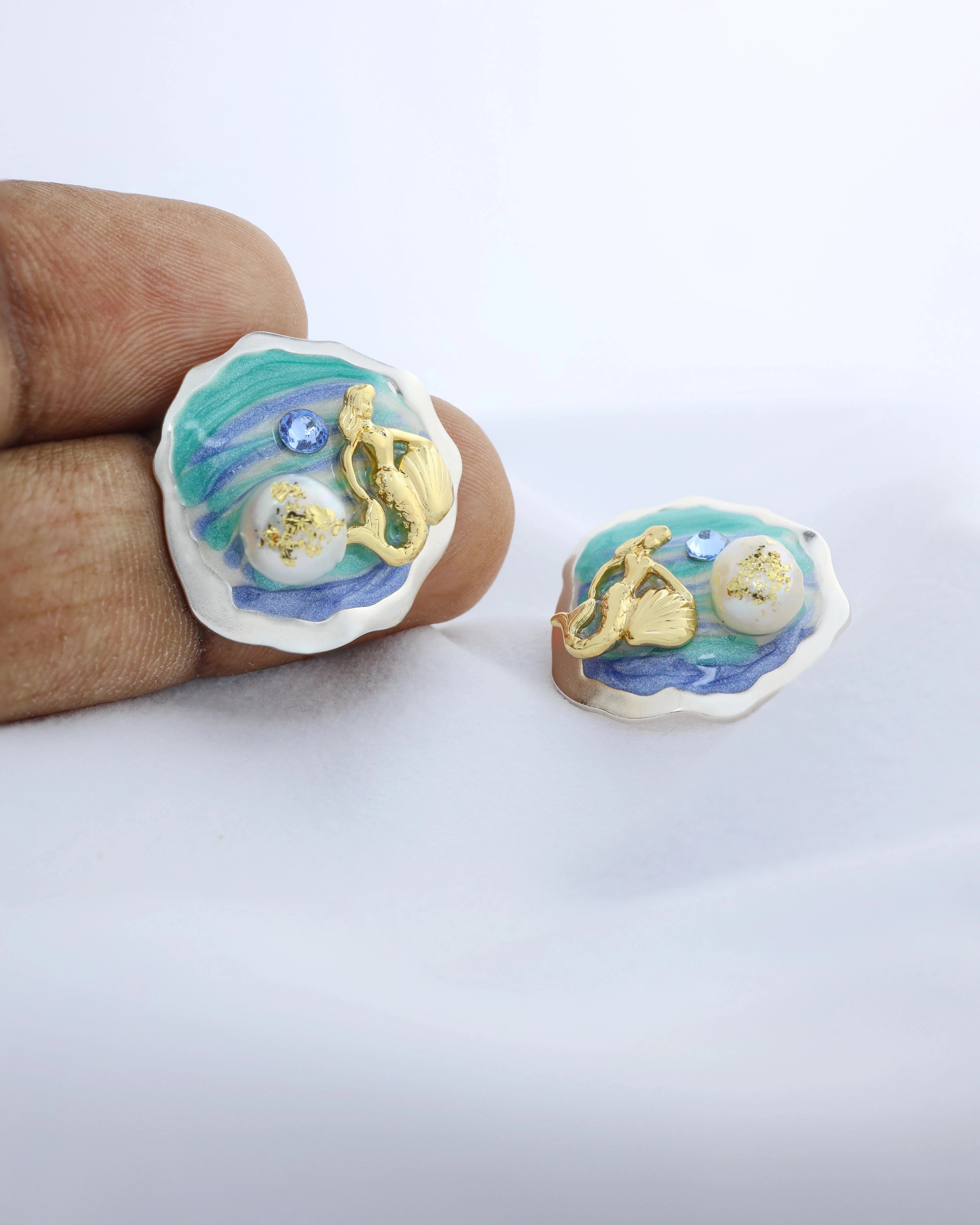 Mermaid on Beach Pearl Ear Studs