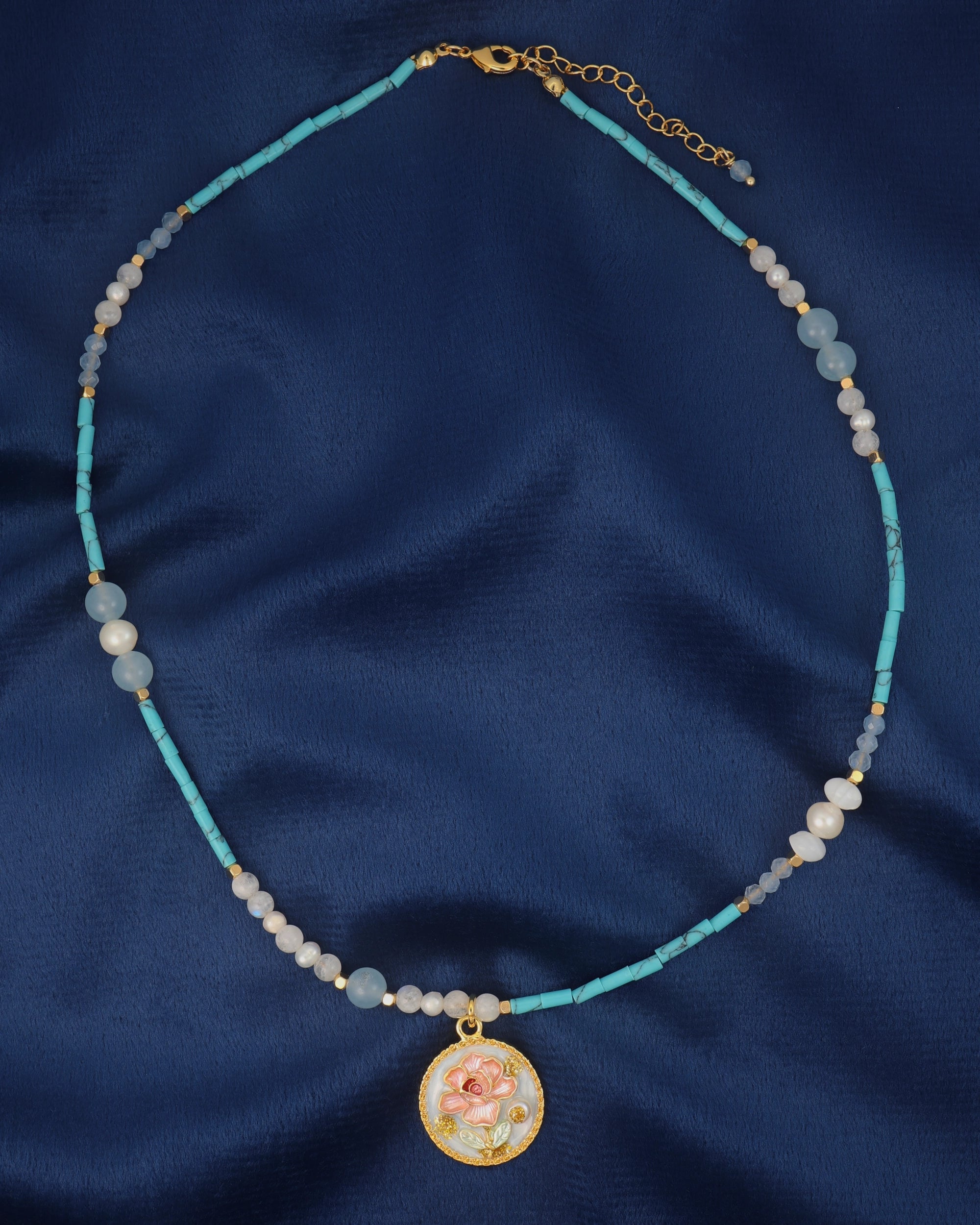 Multi Pearl Necklace with Pendant - Blue