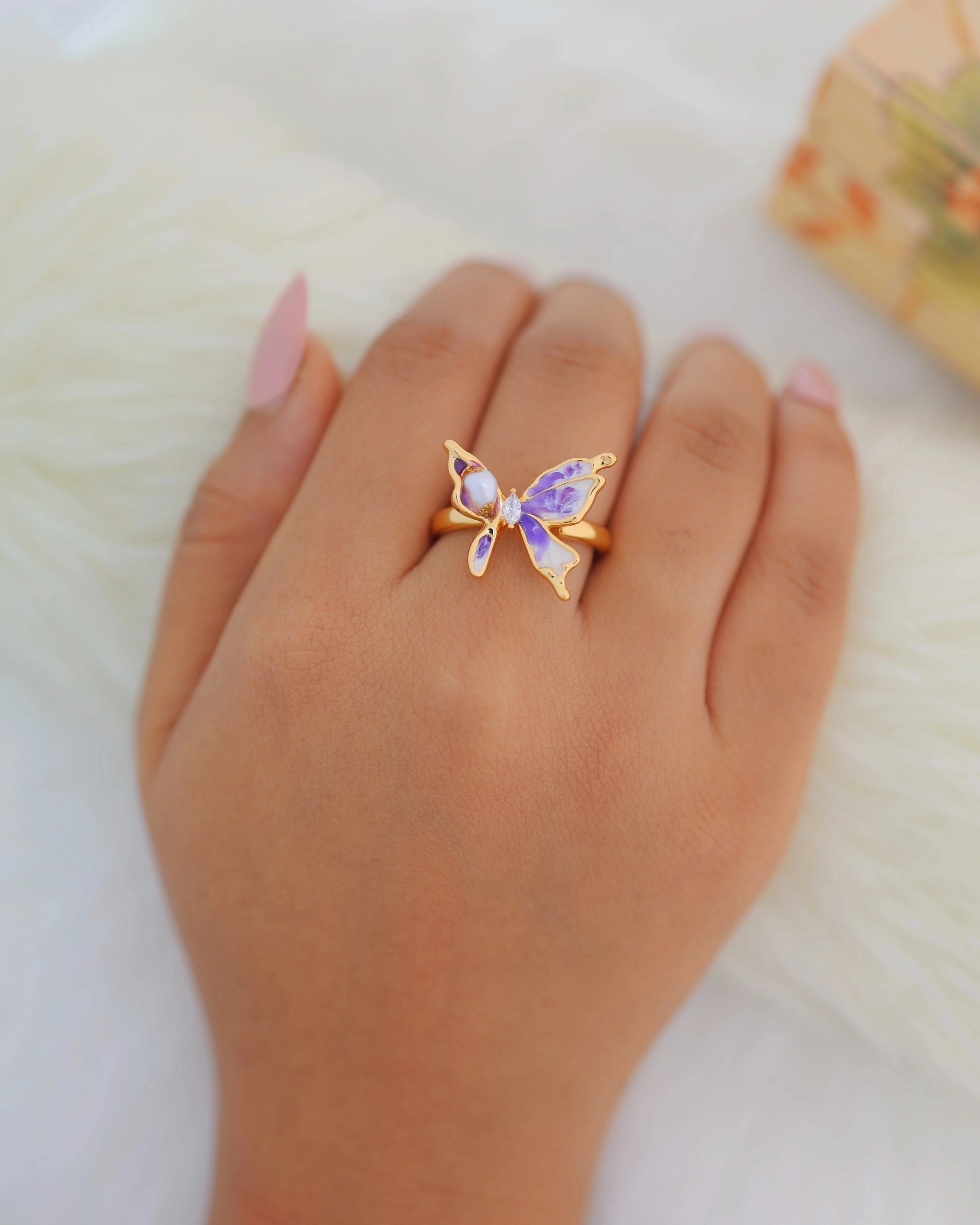 Butterfly on Purple Orchid - Pearl Ring