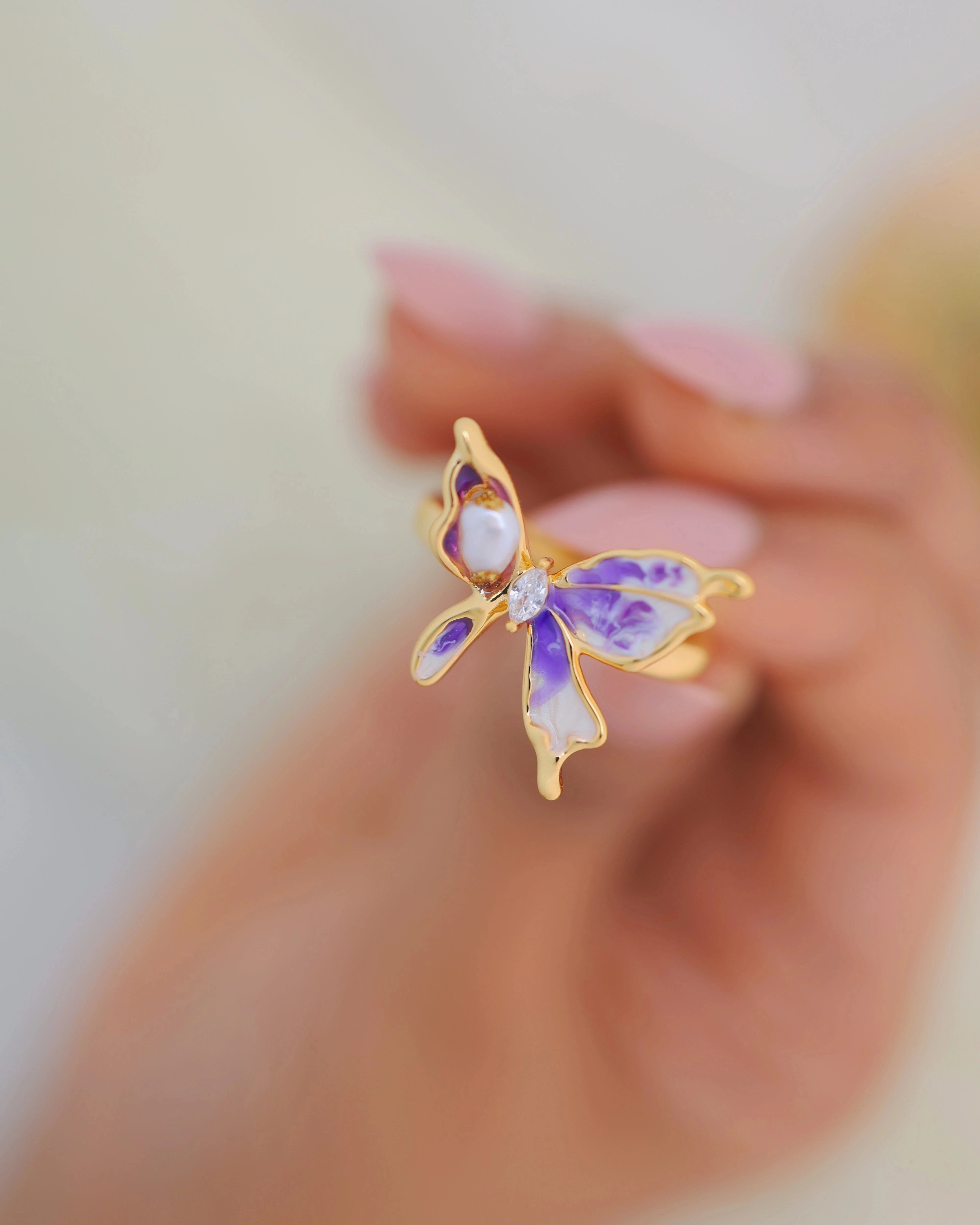 Butterfly on Purple Orchid - Pearl Ring