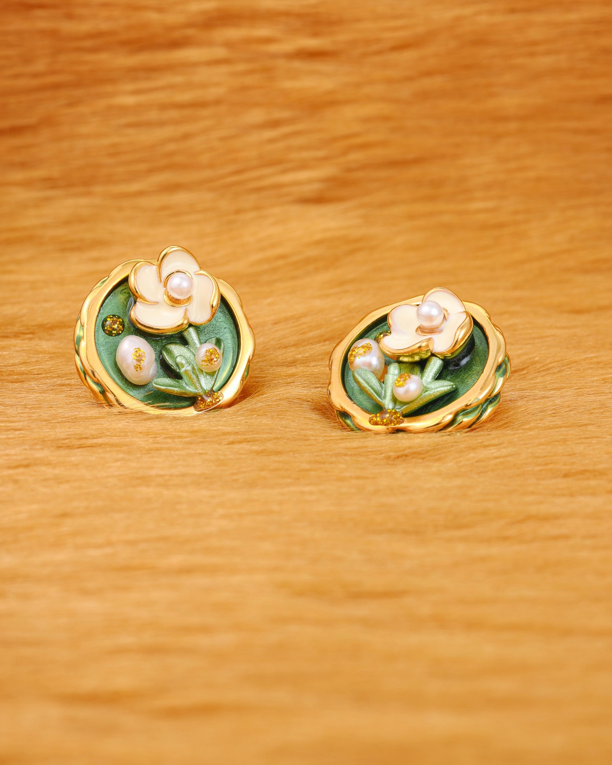 French Floral Green Pearl Ear Studs
