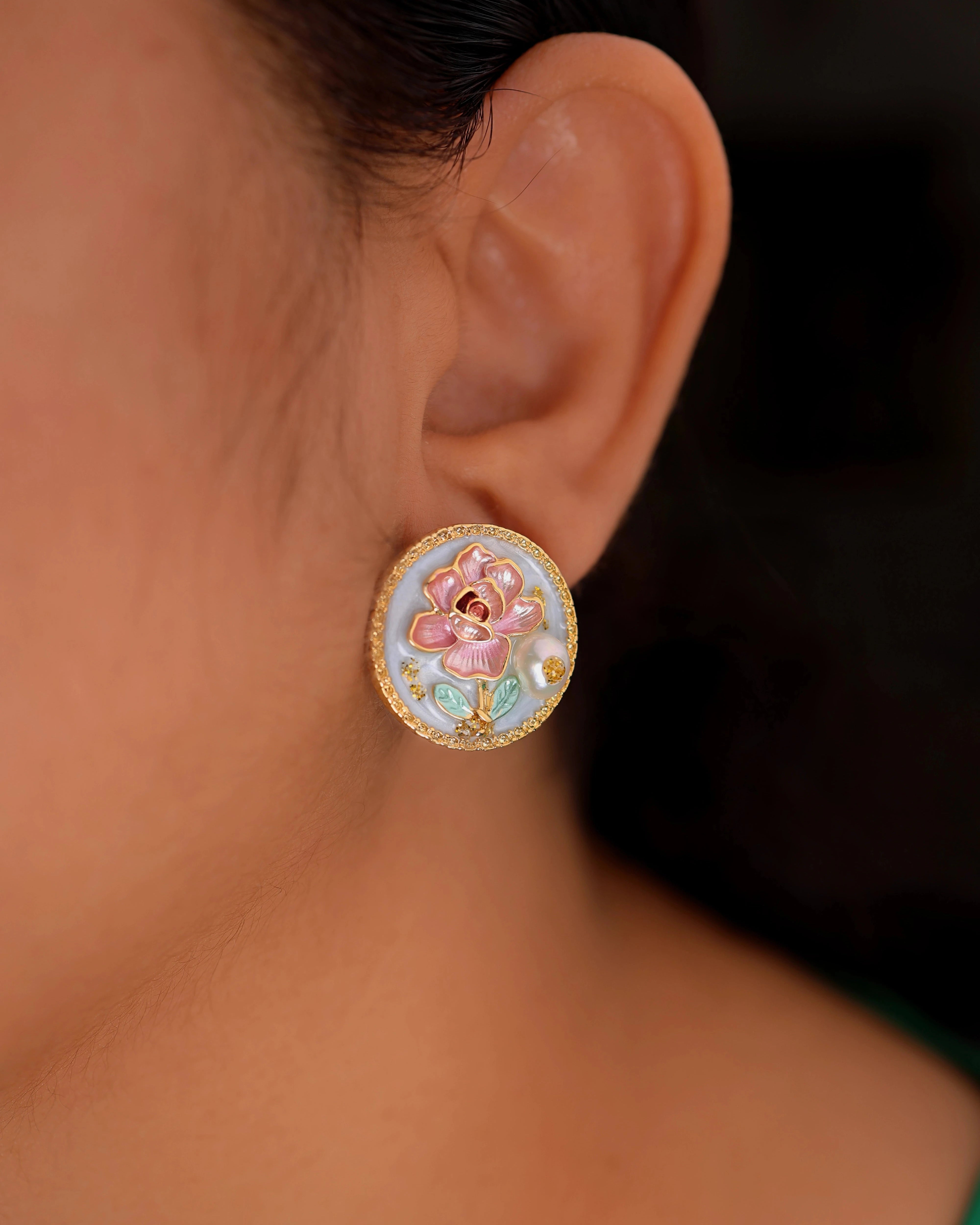 Light Blue Floral Pearl Stud