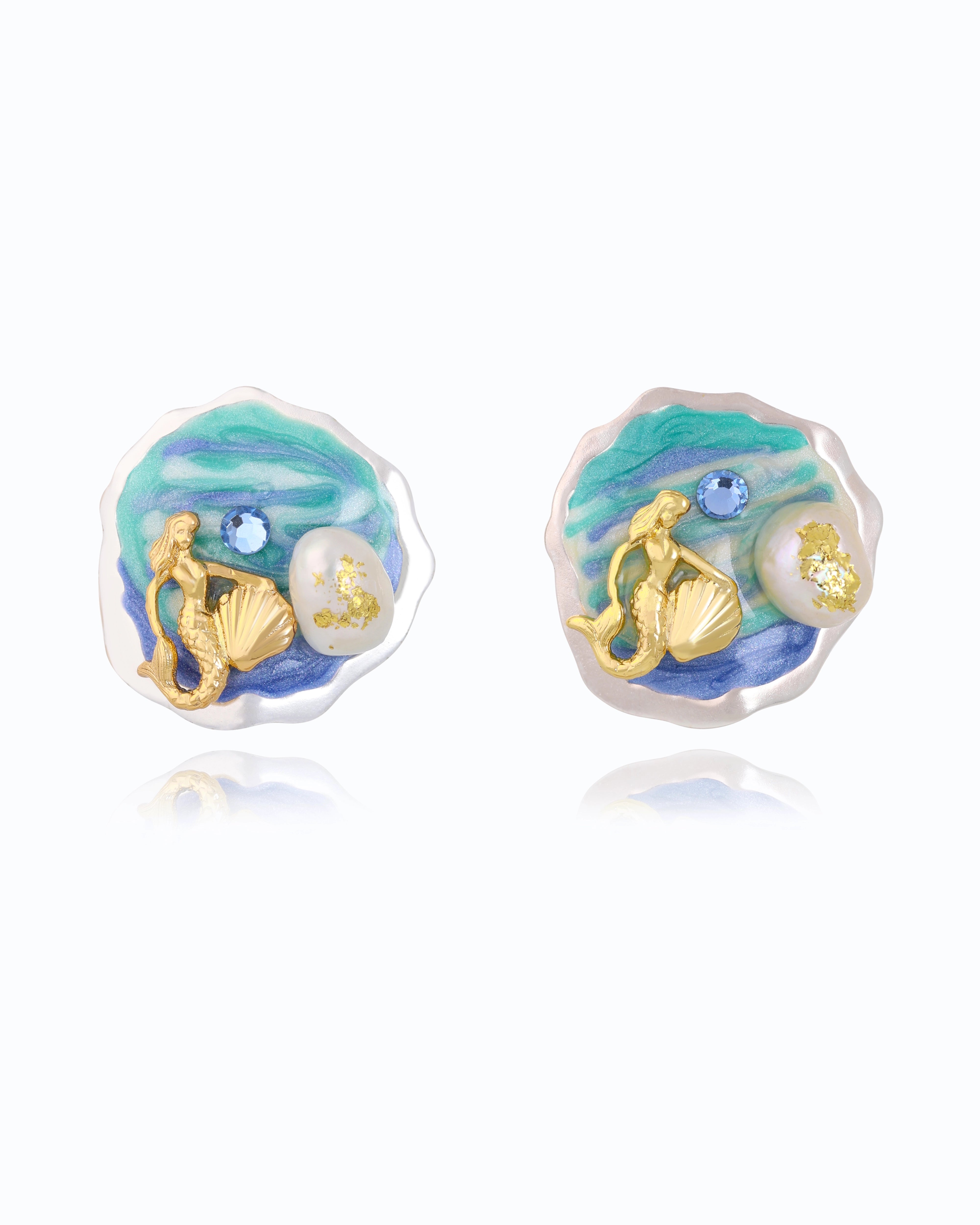Mermaid on Beach Pearl Ear Studs