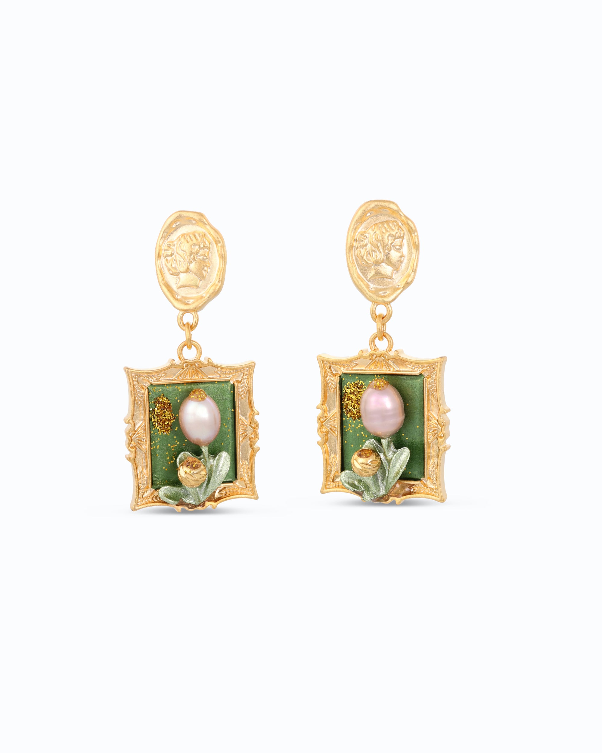 Renaissance Mona Lisa Stamp Pink Pearl Dangle