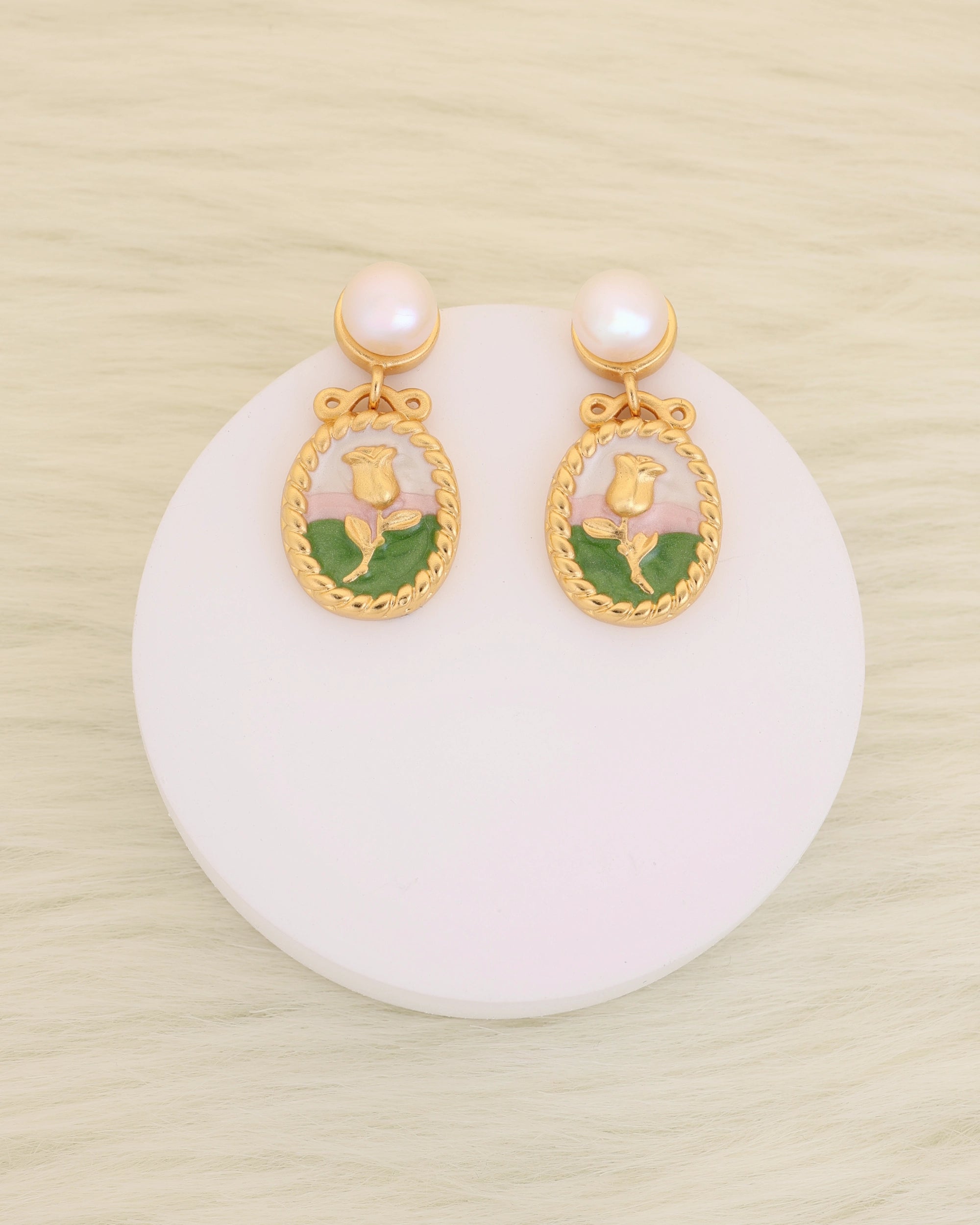 Rose in White & Green Pearl Dangle