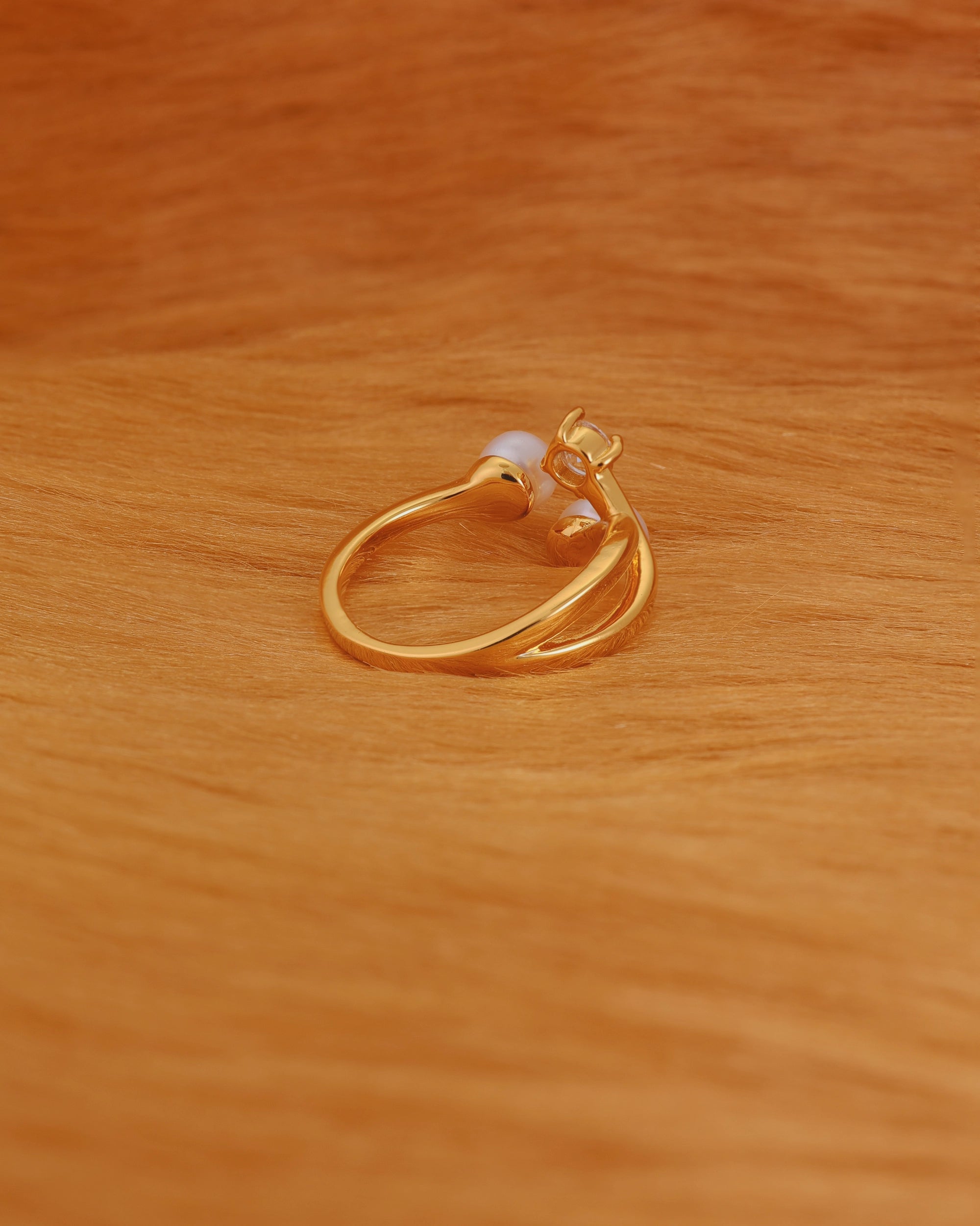 Dual Pearl with Zircon (Gold) - Adjustable Pearl Ring