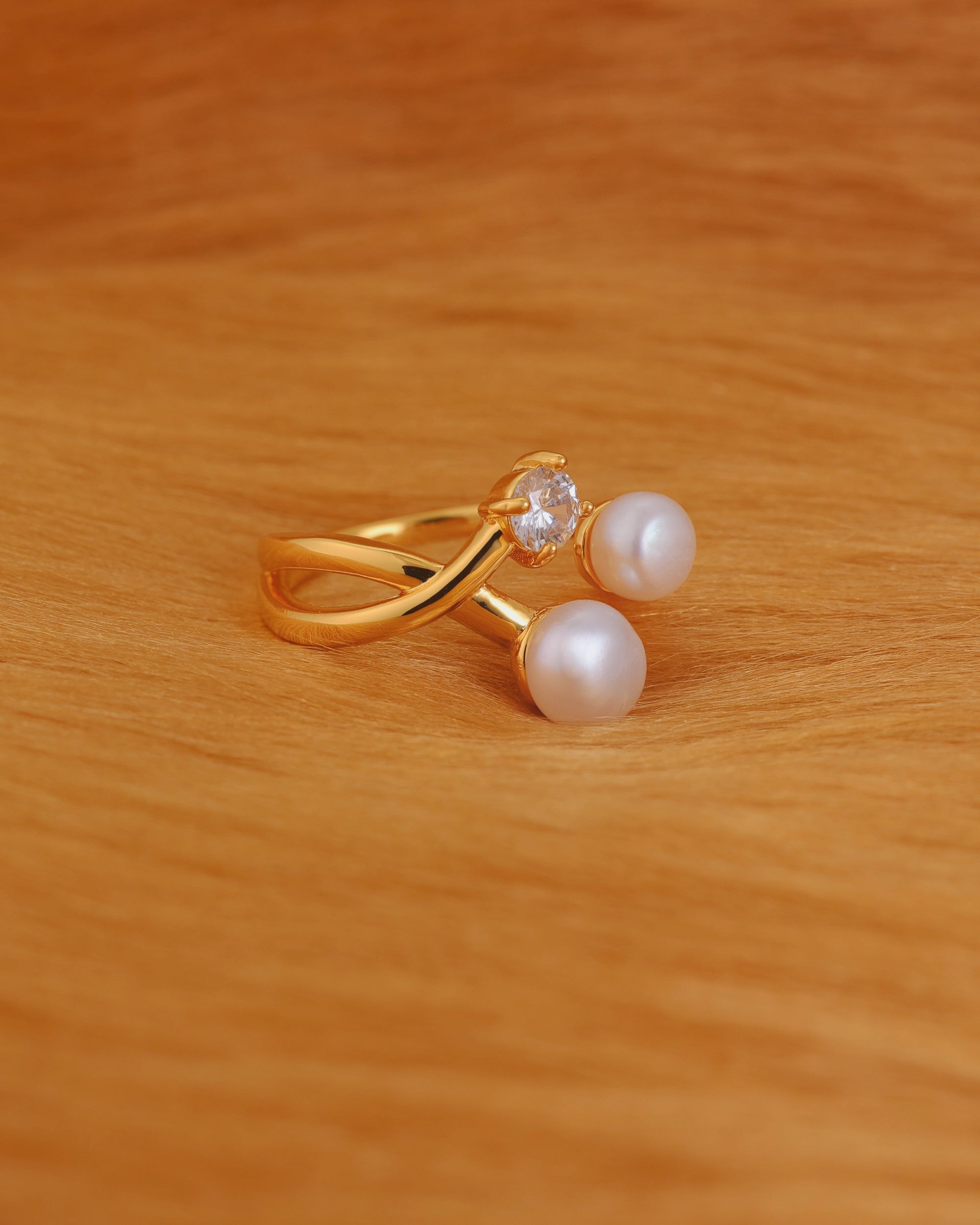 Dual Pearl with Zircon (Gold) - Adjustable Pearl Ring
