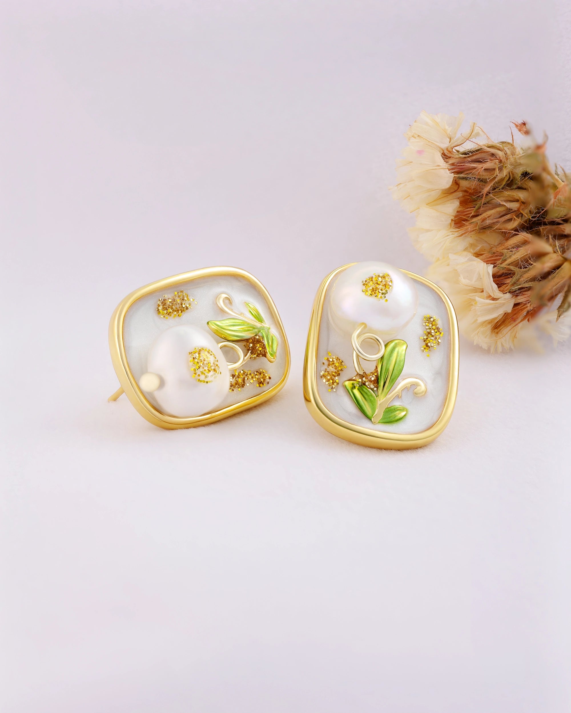 White Pearl Plant Ear Studs