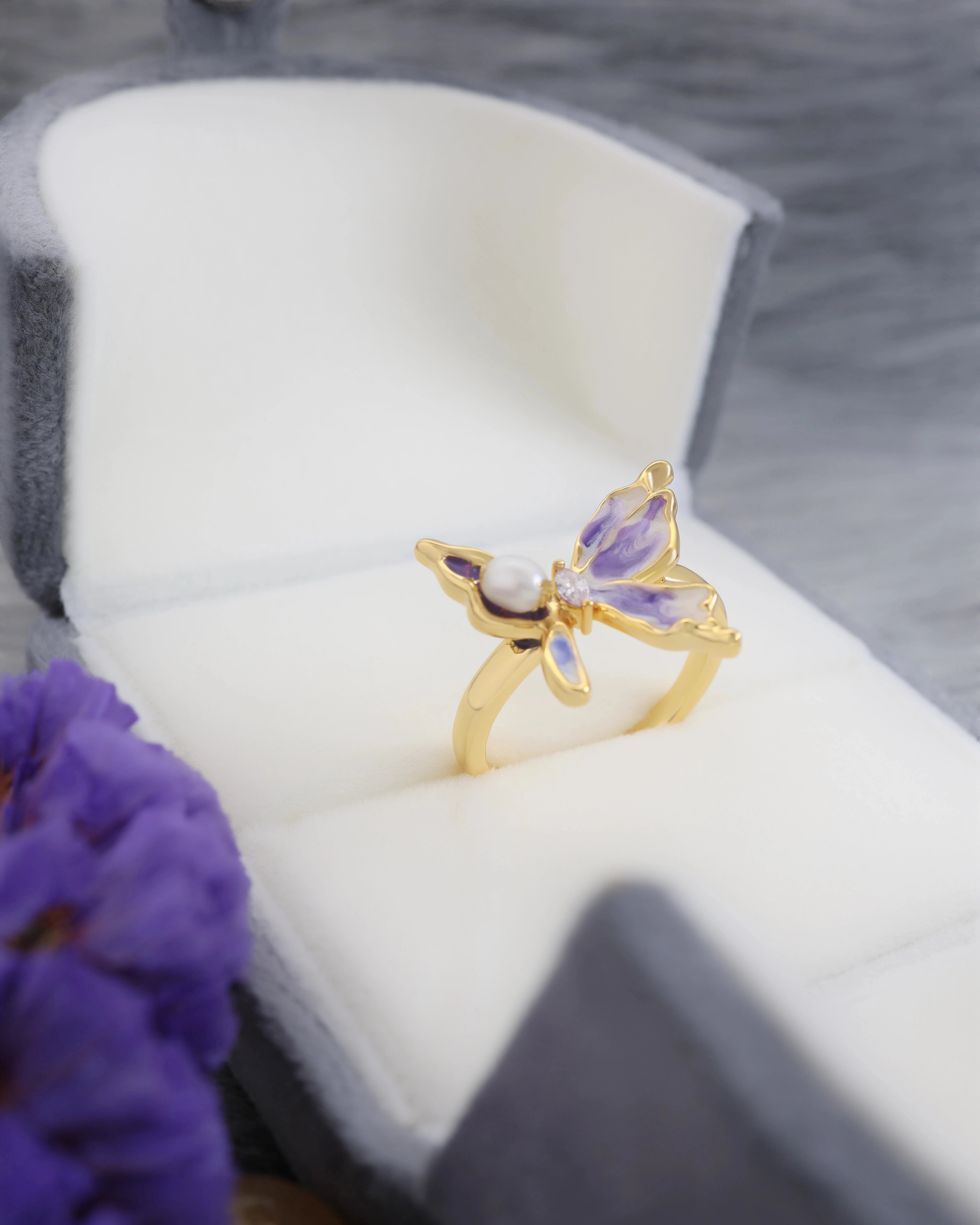 Butterfly on Purple Orchid - Pearl Ring