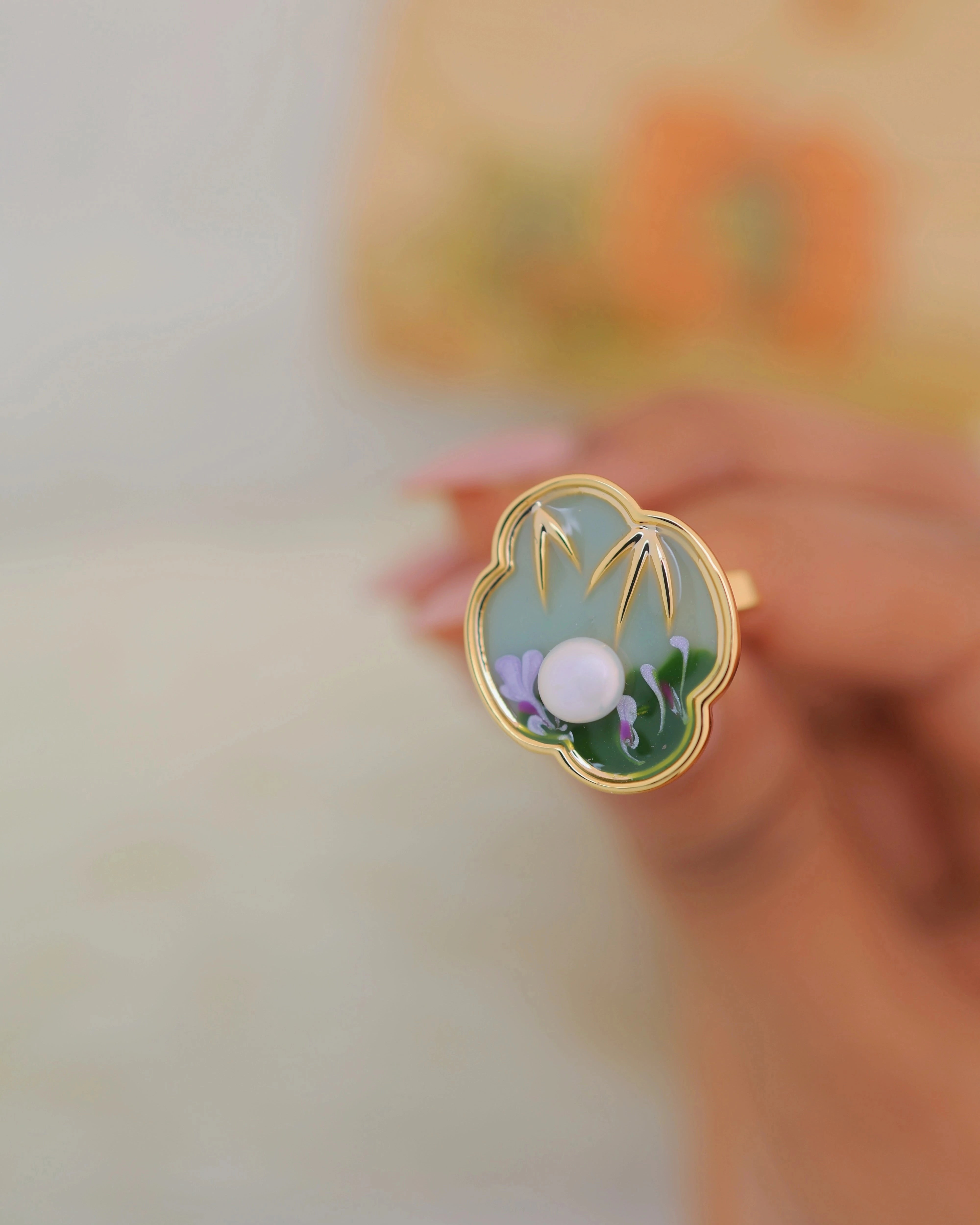 Pearl on Enamel Painting Adjustable Ring