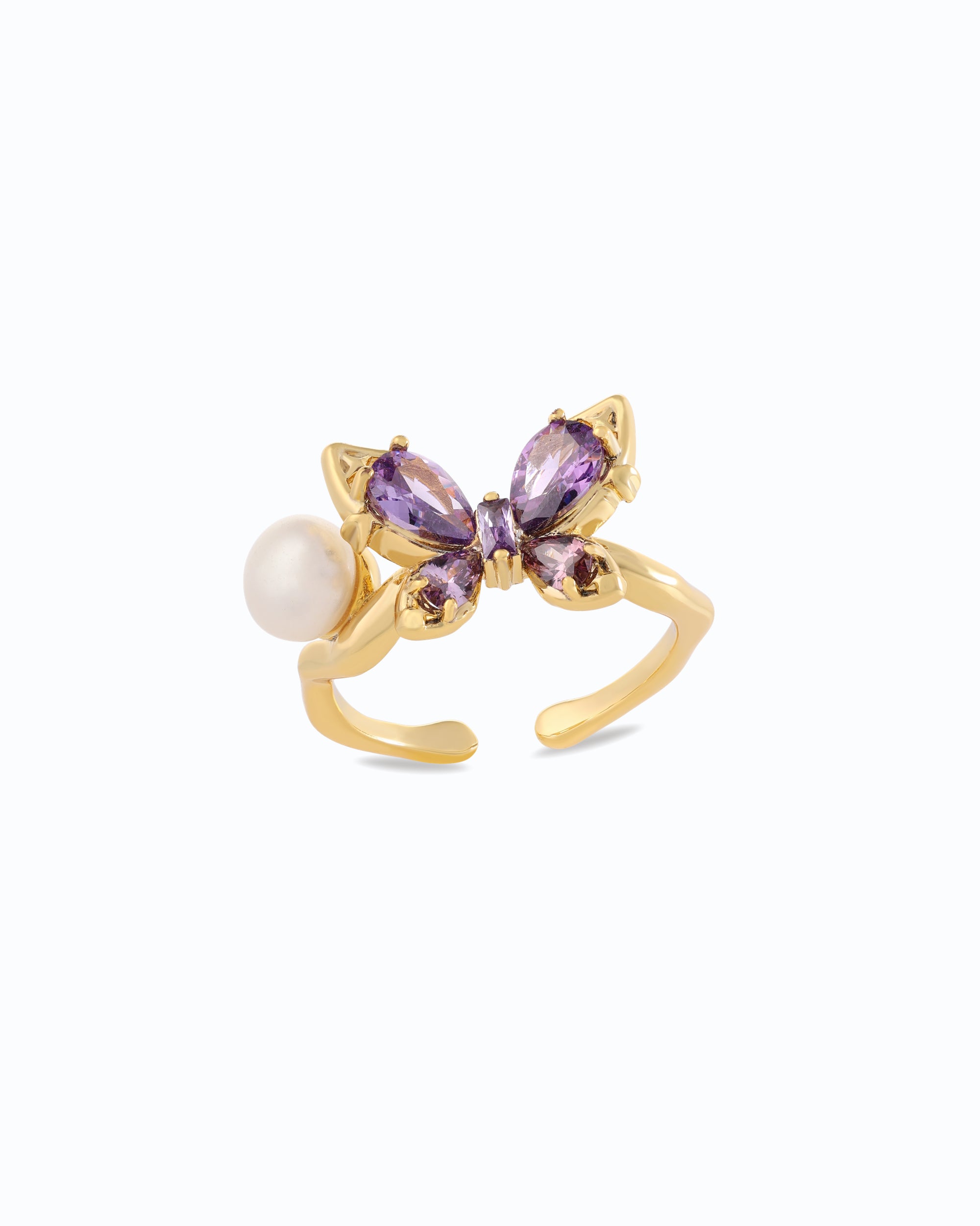 Purple AD Butterfly Pearl Ring – Adjustable & 18K Gold Plated