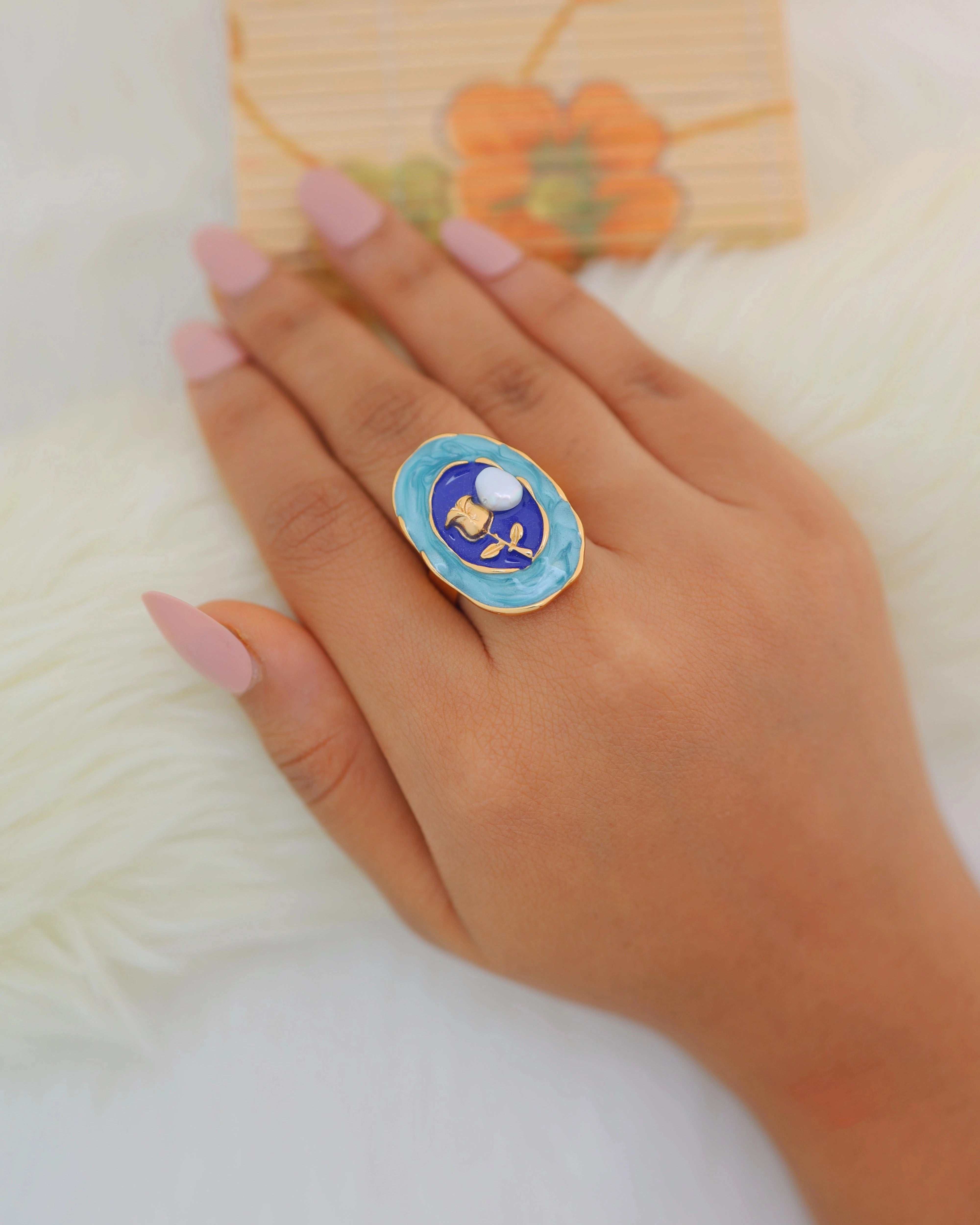 Rose and Pearl in Blue Enamel