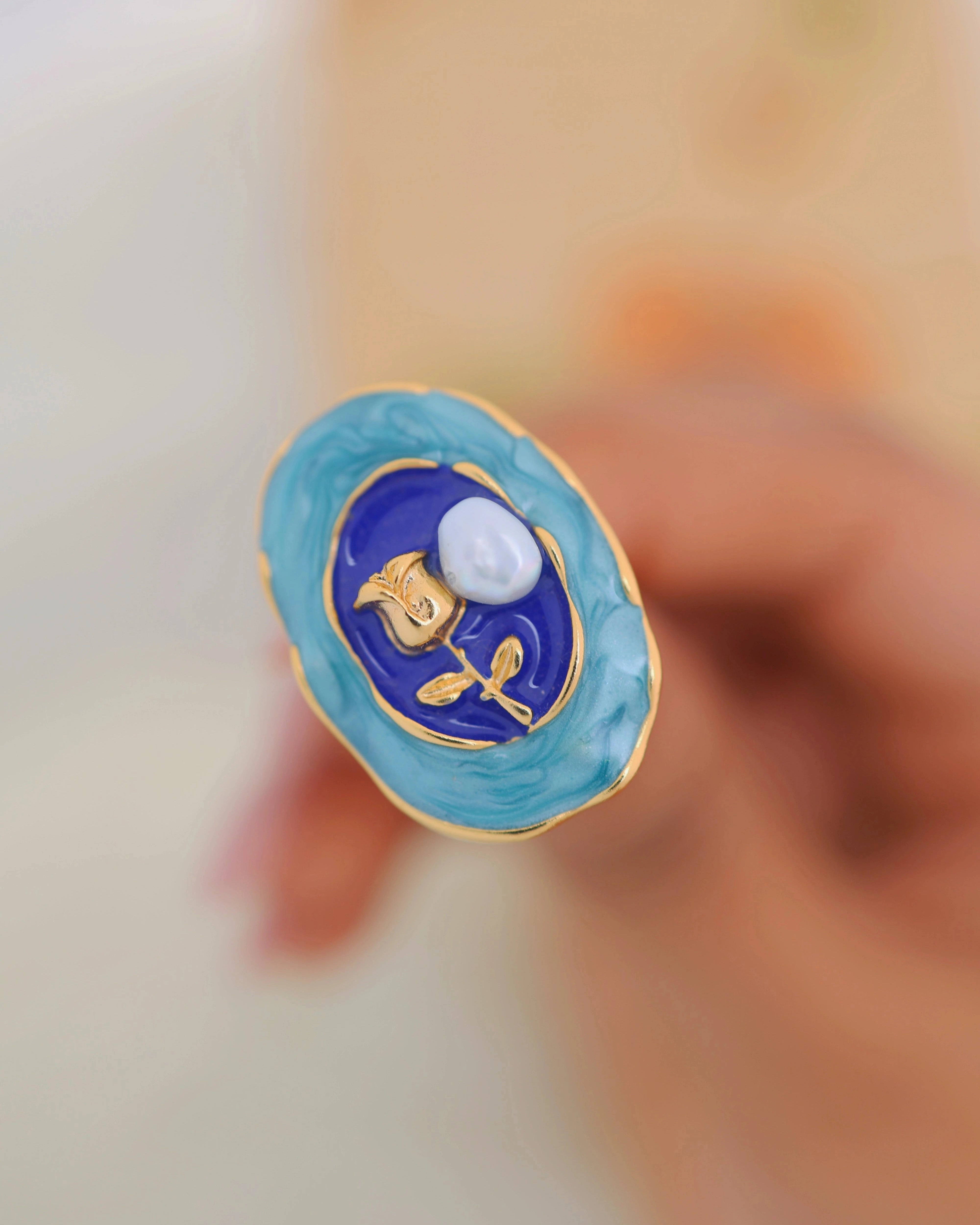 Rose and Pearl in Blue Enamel