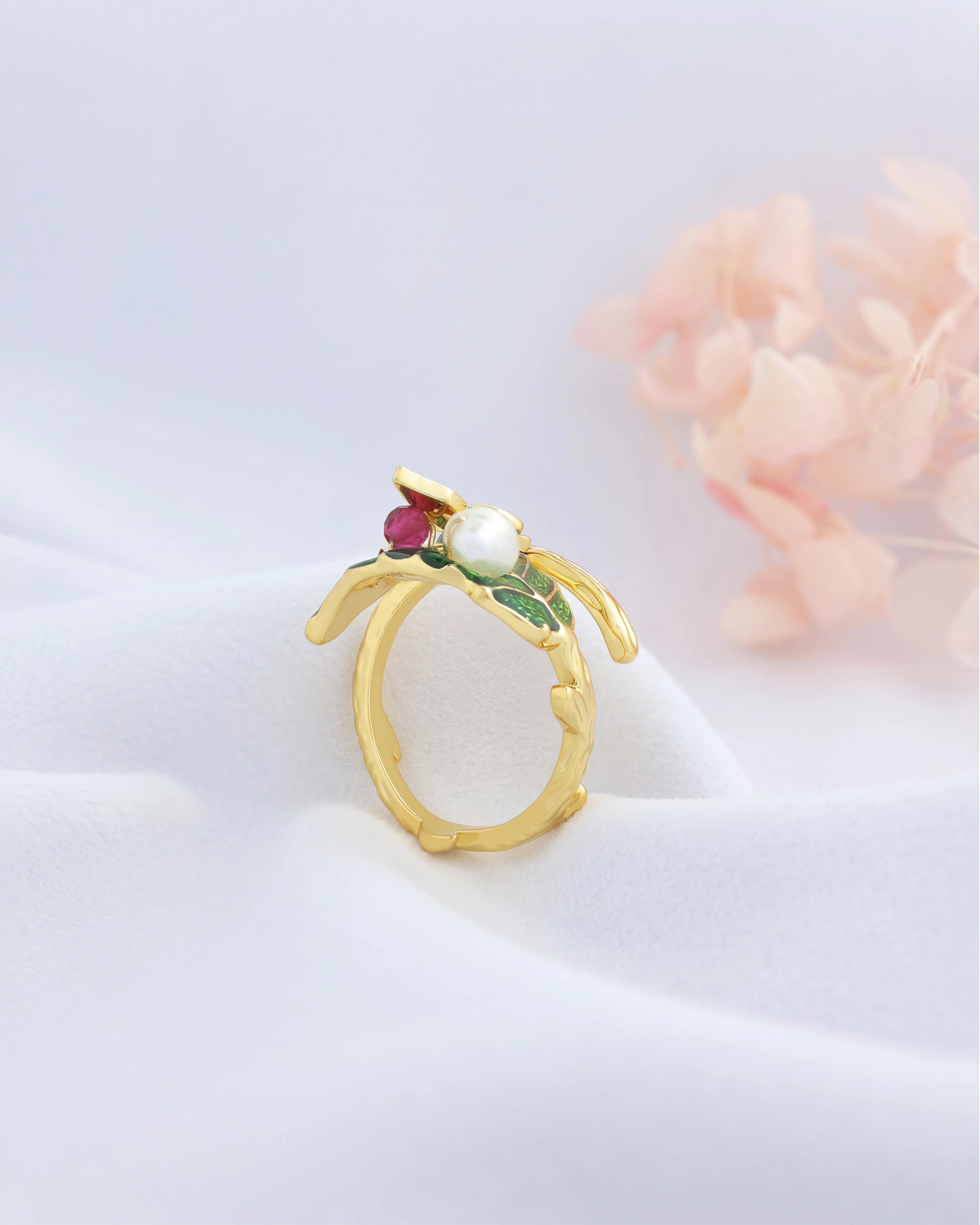 Spring Leaf - Butterfly on Leaf Pearl Ring