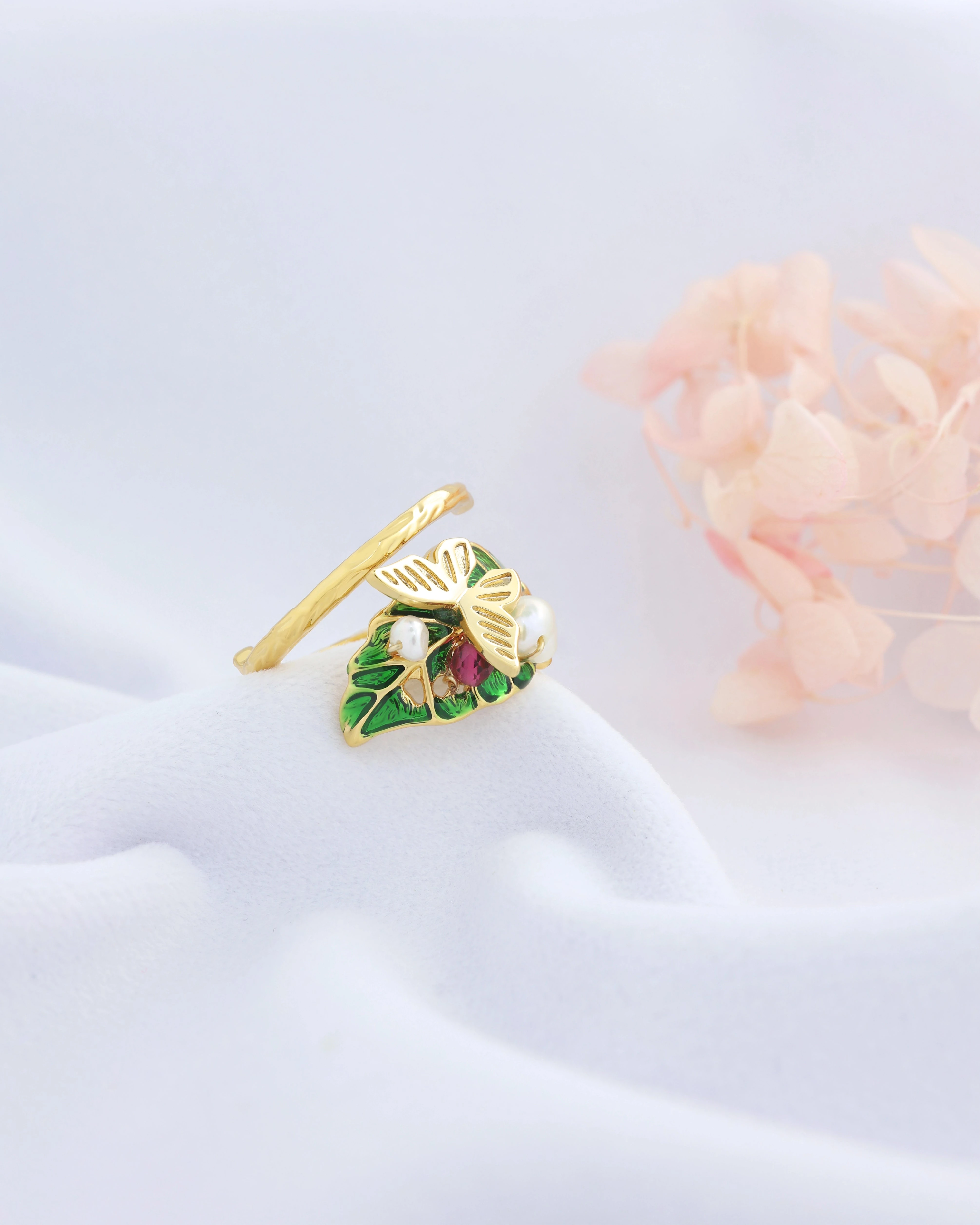Spring Leaf - Butterfly on Leaf Pearl Ring