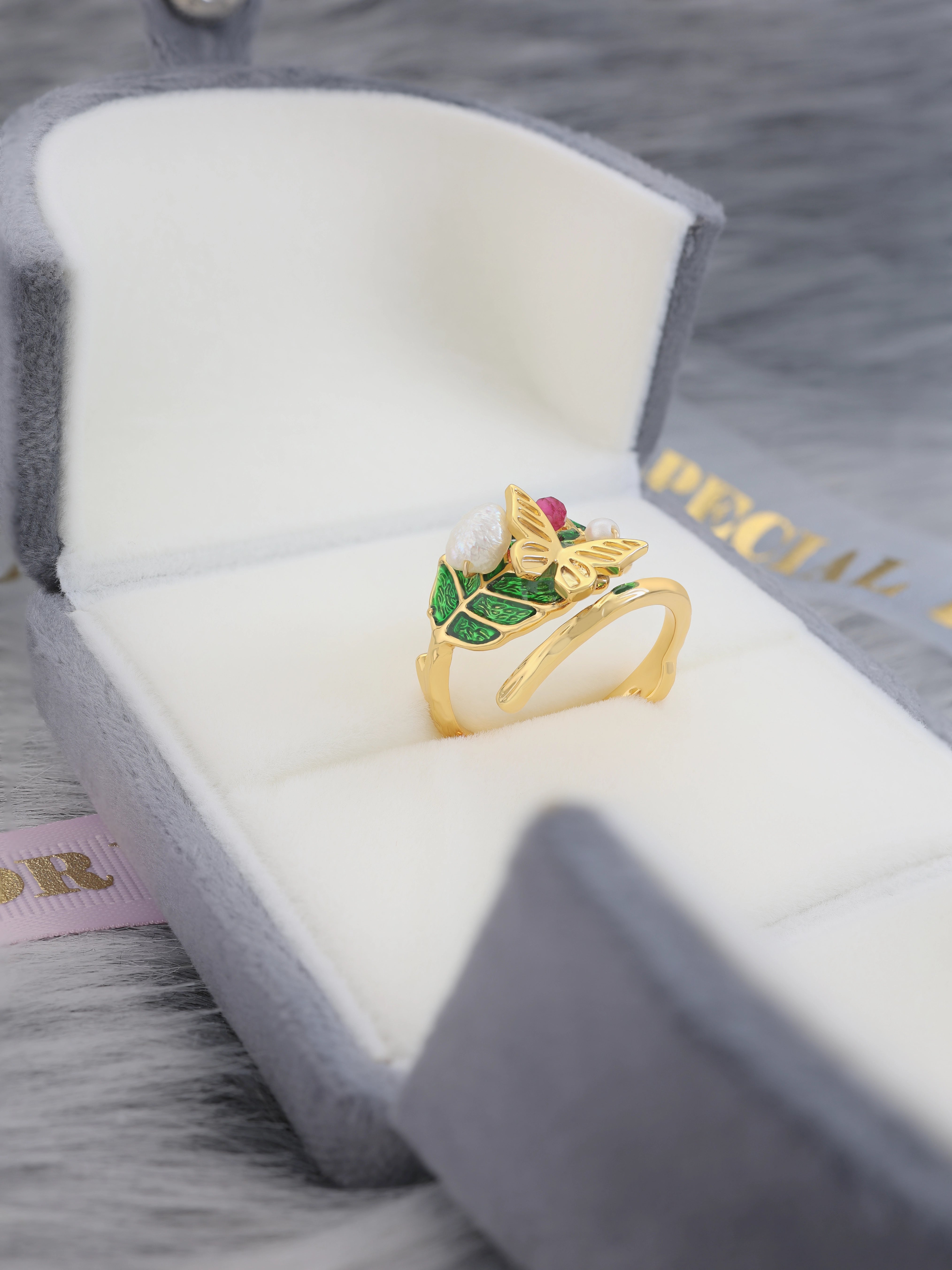Spring Leaf - Butterfly on Leaf Pearl Ring