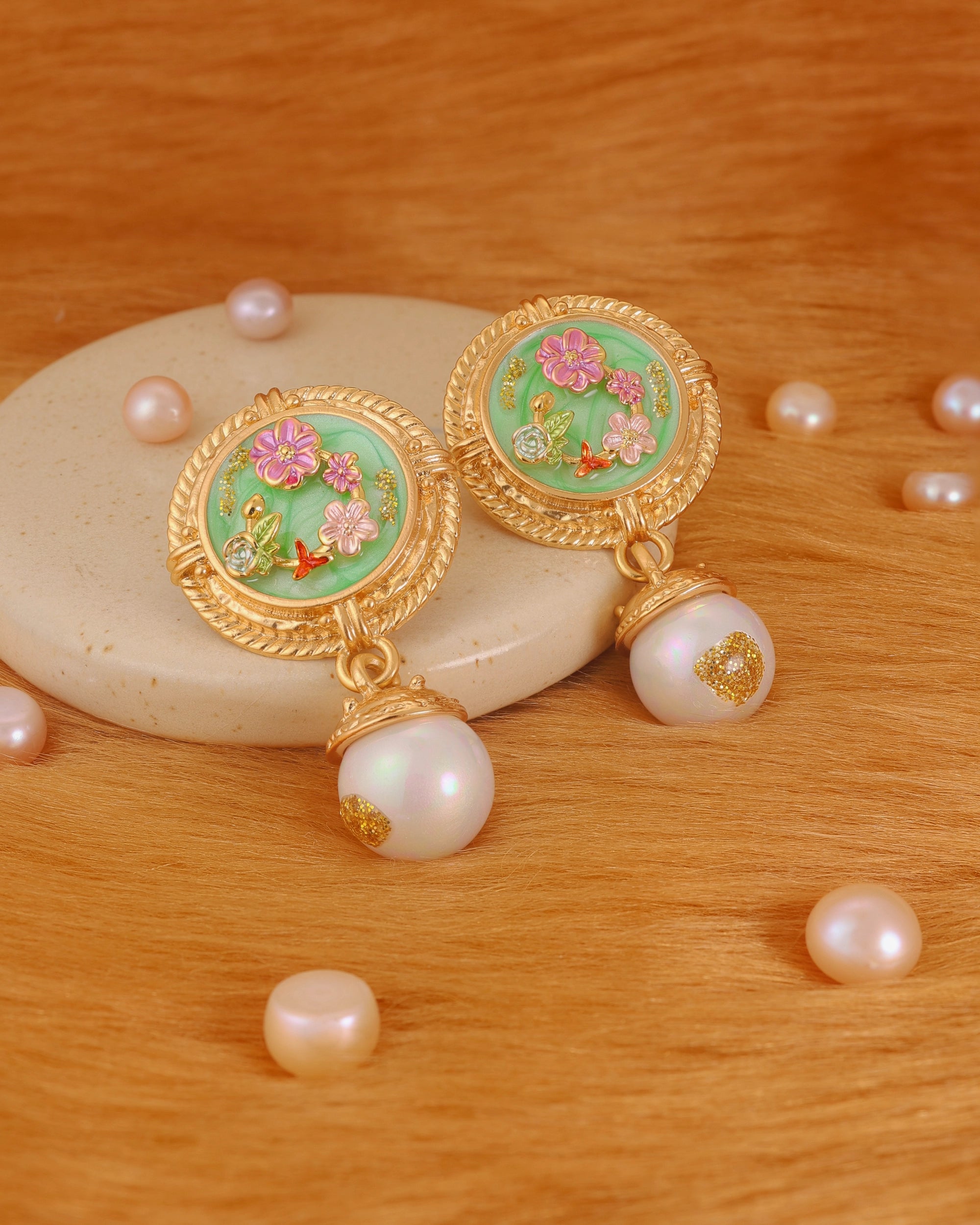 French Green Studs with Pearl Drop
