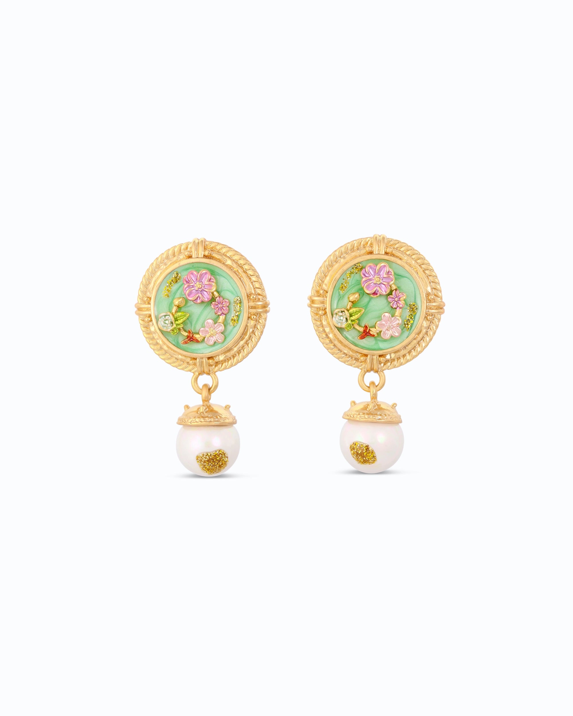 French Green Studs with Pearl Drop | Flawnt