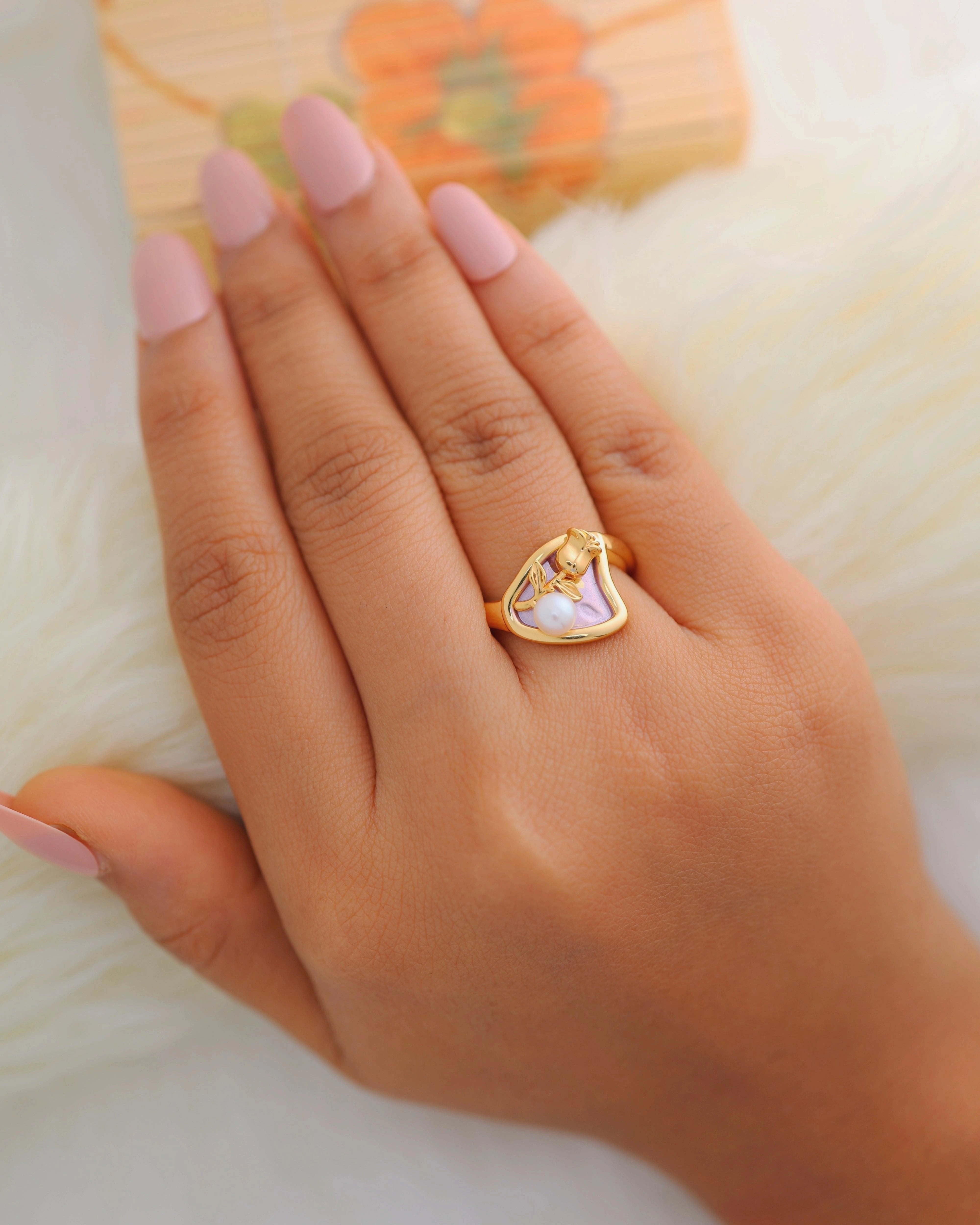 Pearl and Rose in Purple Adjustable Ring