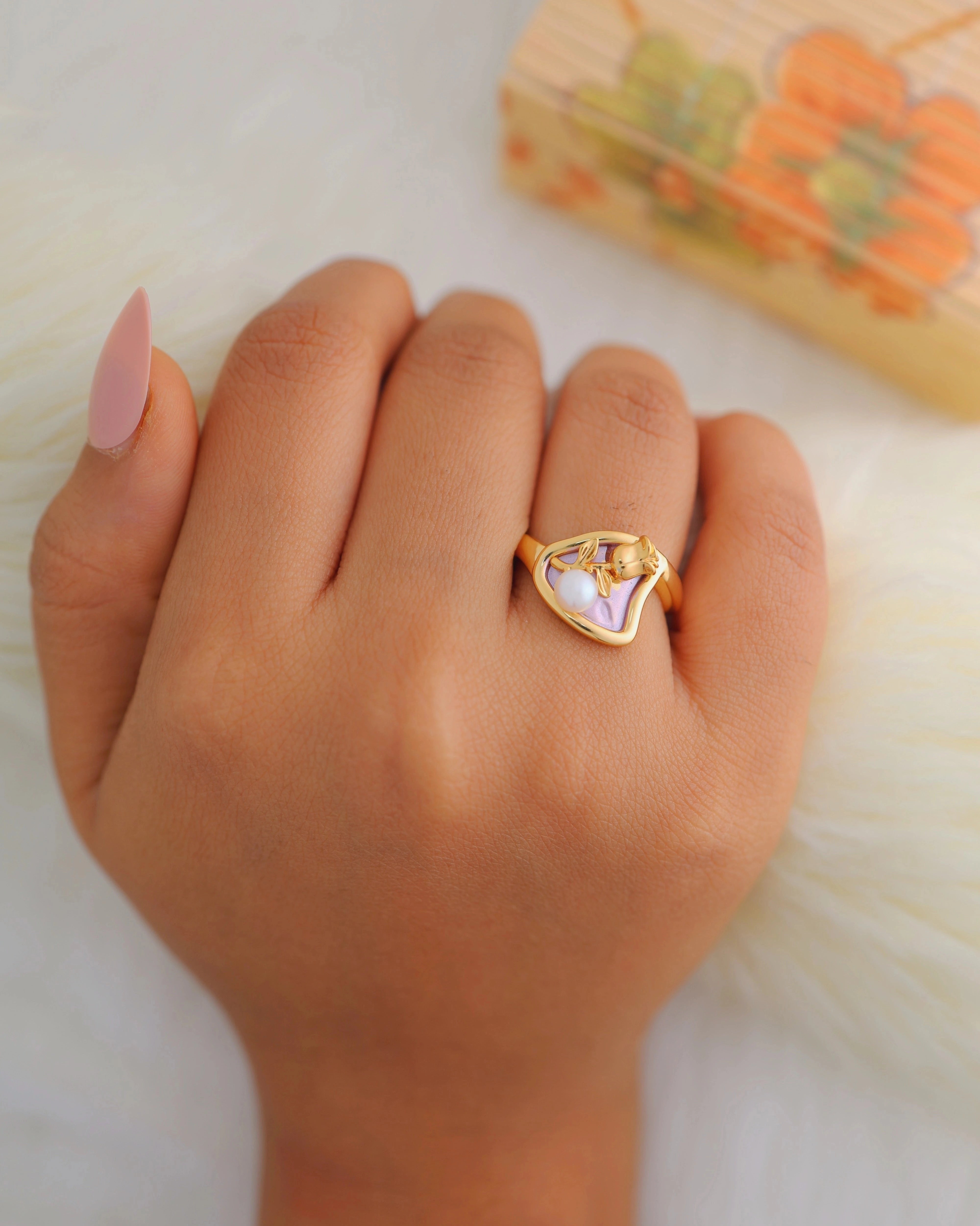 Pearl and Rose in Purple Adjustable Ring