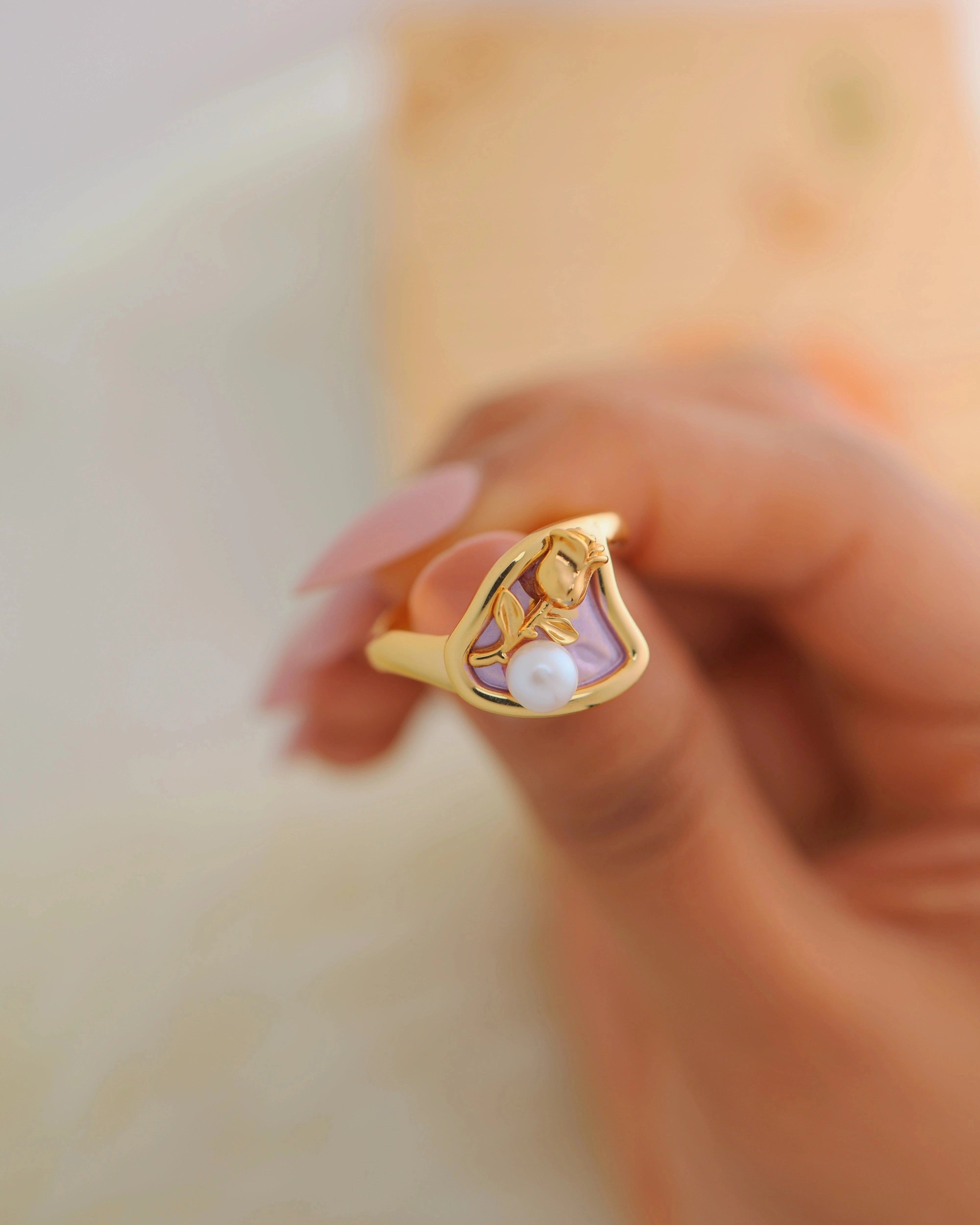 Pearl and Rose in Purple Adjustable Ring