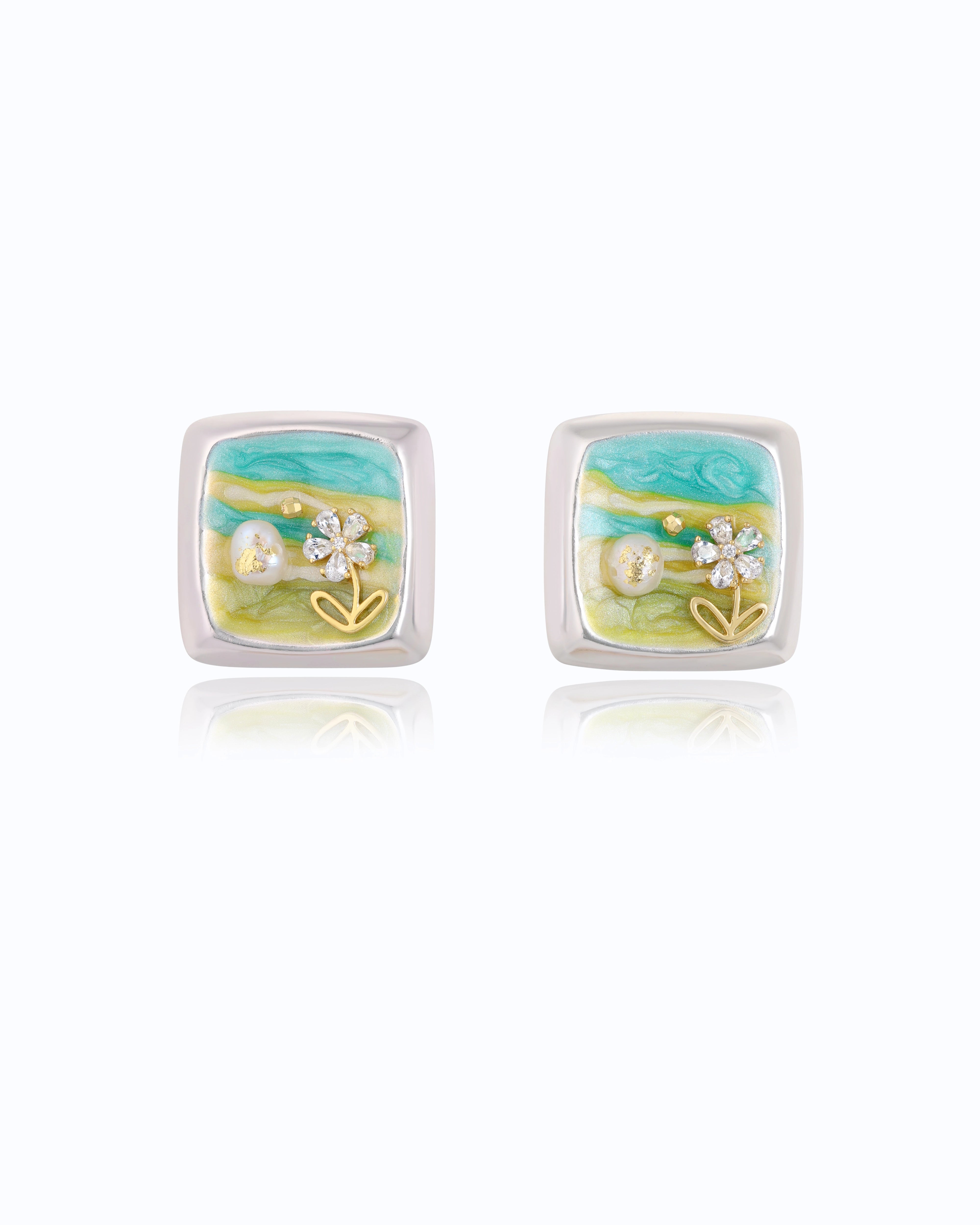 Large Square Ocean Pearl Studs (Silver)