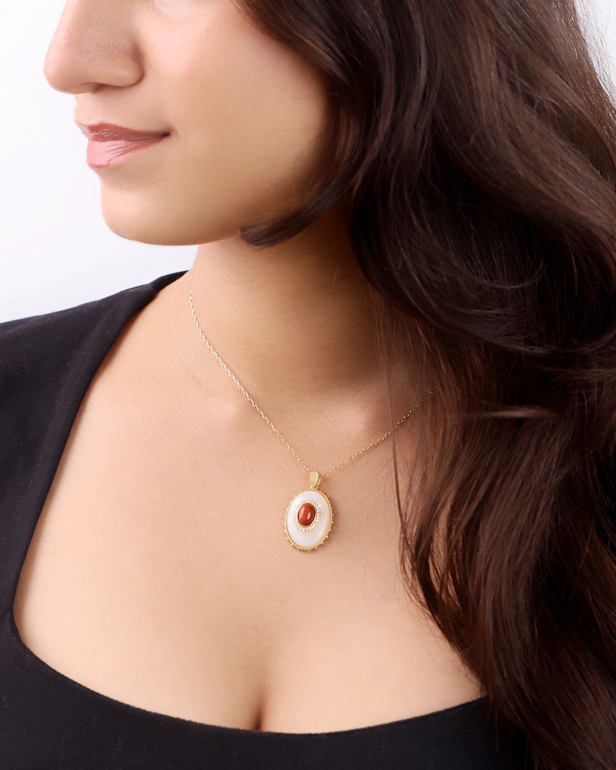 Tiger Stone on Mother of Pearl Pendant with Chain