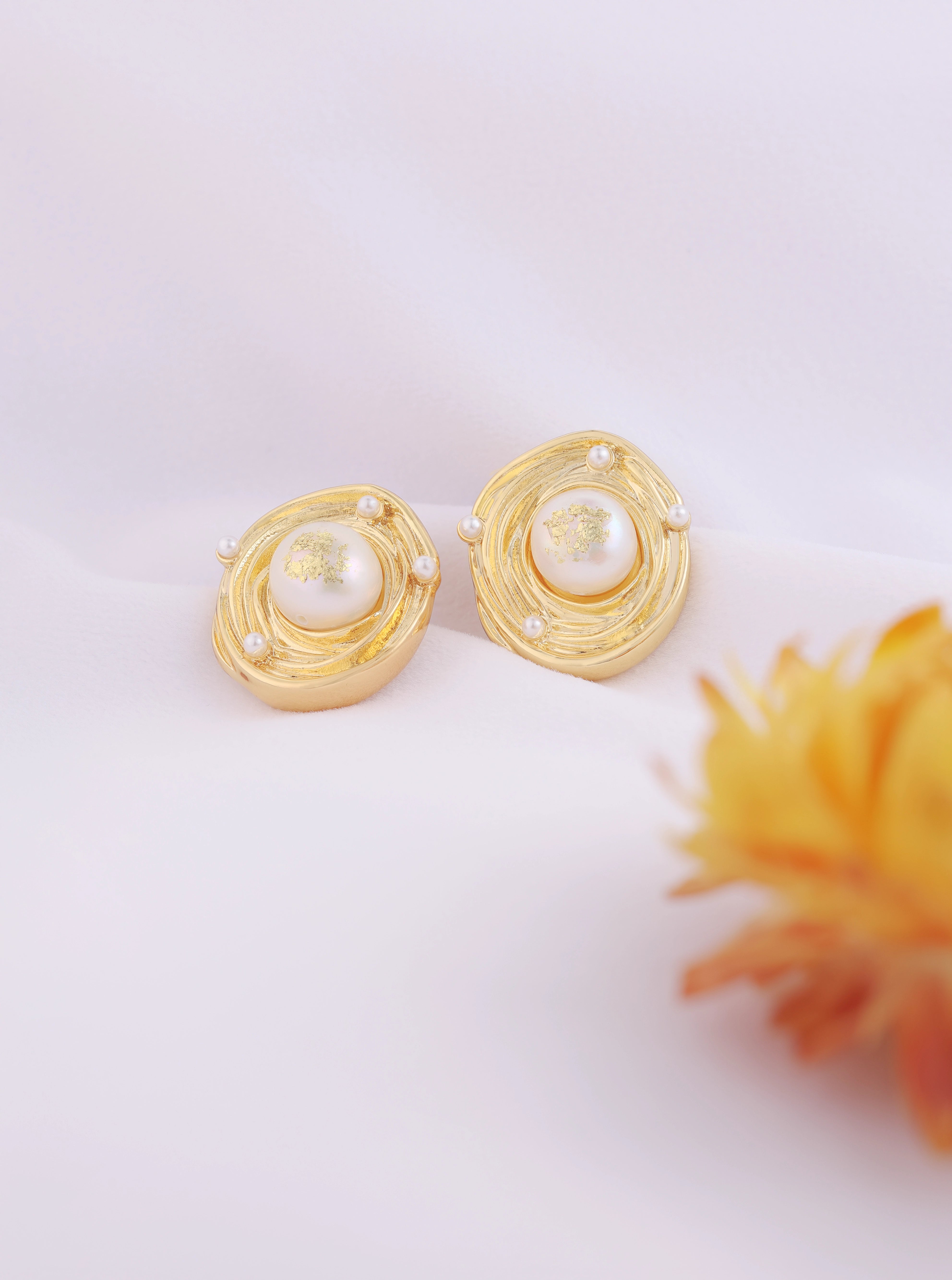 Golden Nest Earrings | Natural Freshwater Pearl | 18K Gold Plated 