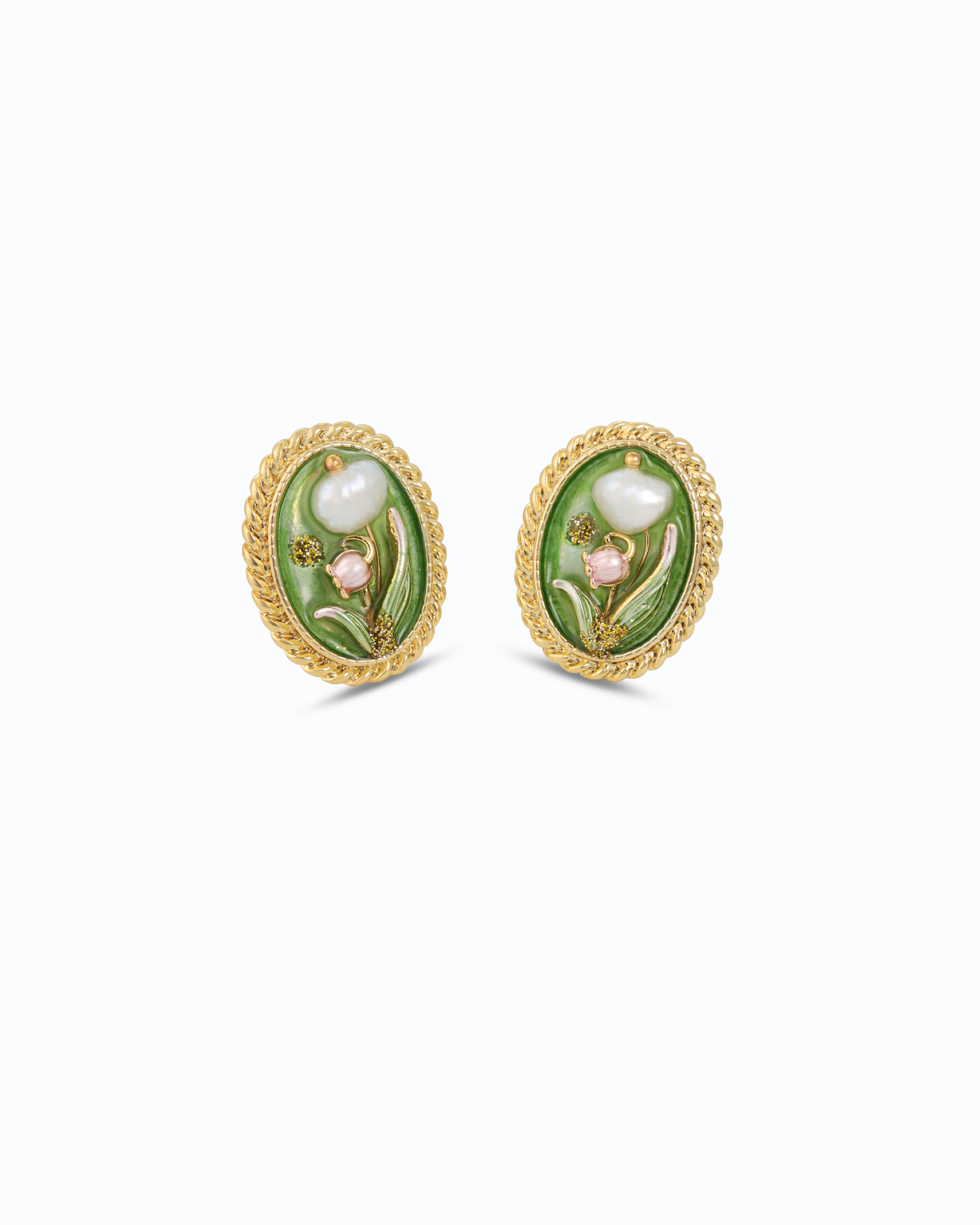 Oval flower Bud (Green) Clip On Pearl Studs – Rare 18K Gold Jewelry