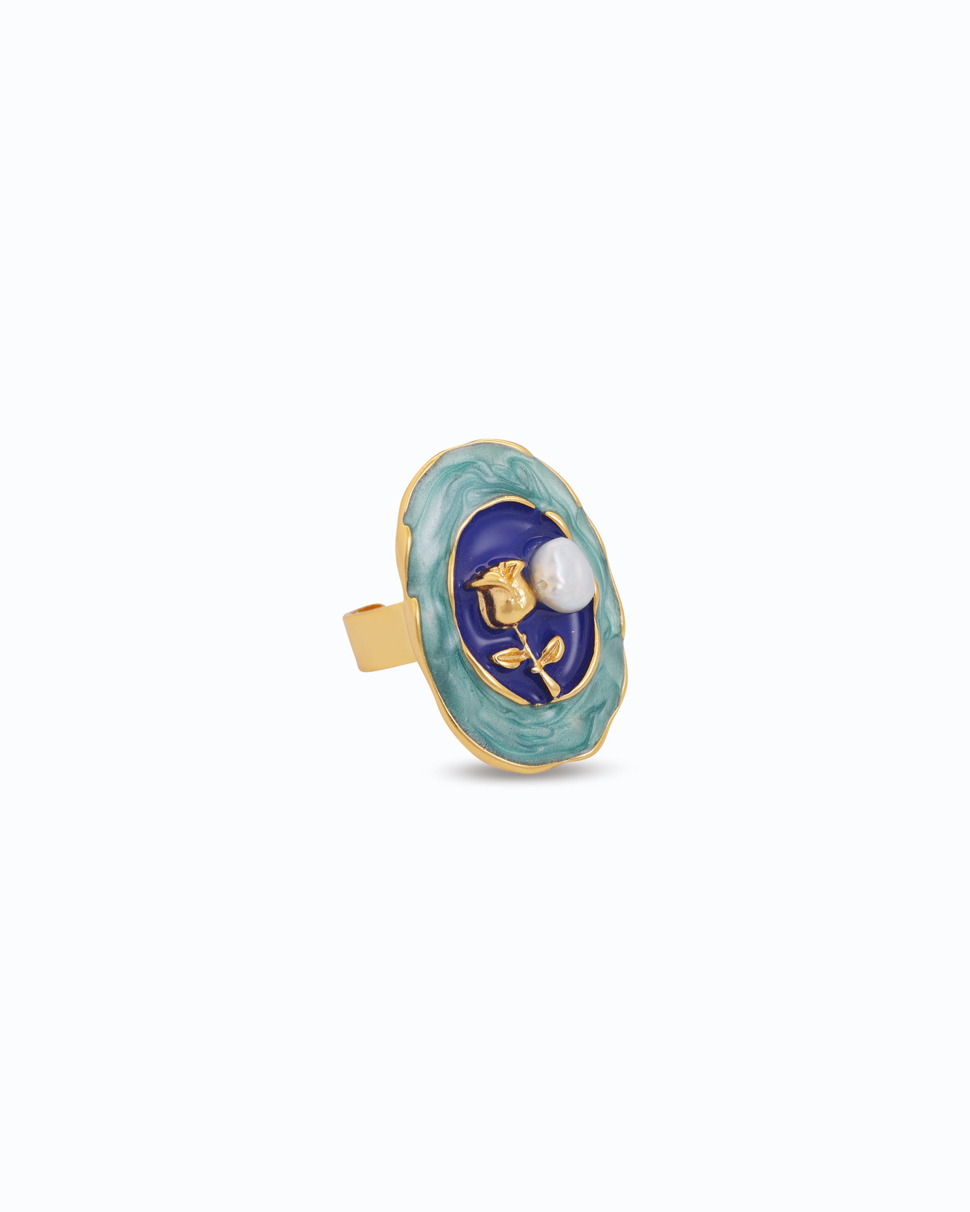 Rose and Pearl Ring in Blue Enamel | Flawnt Jewelry