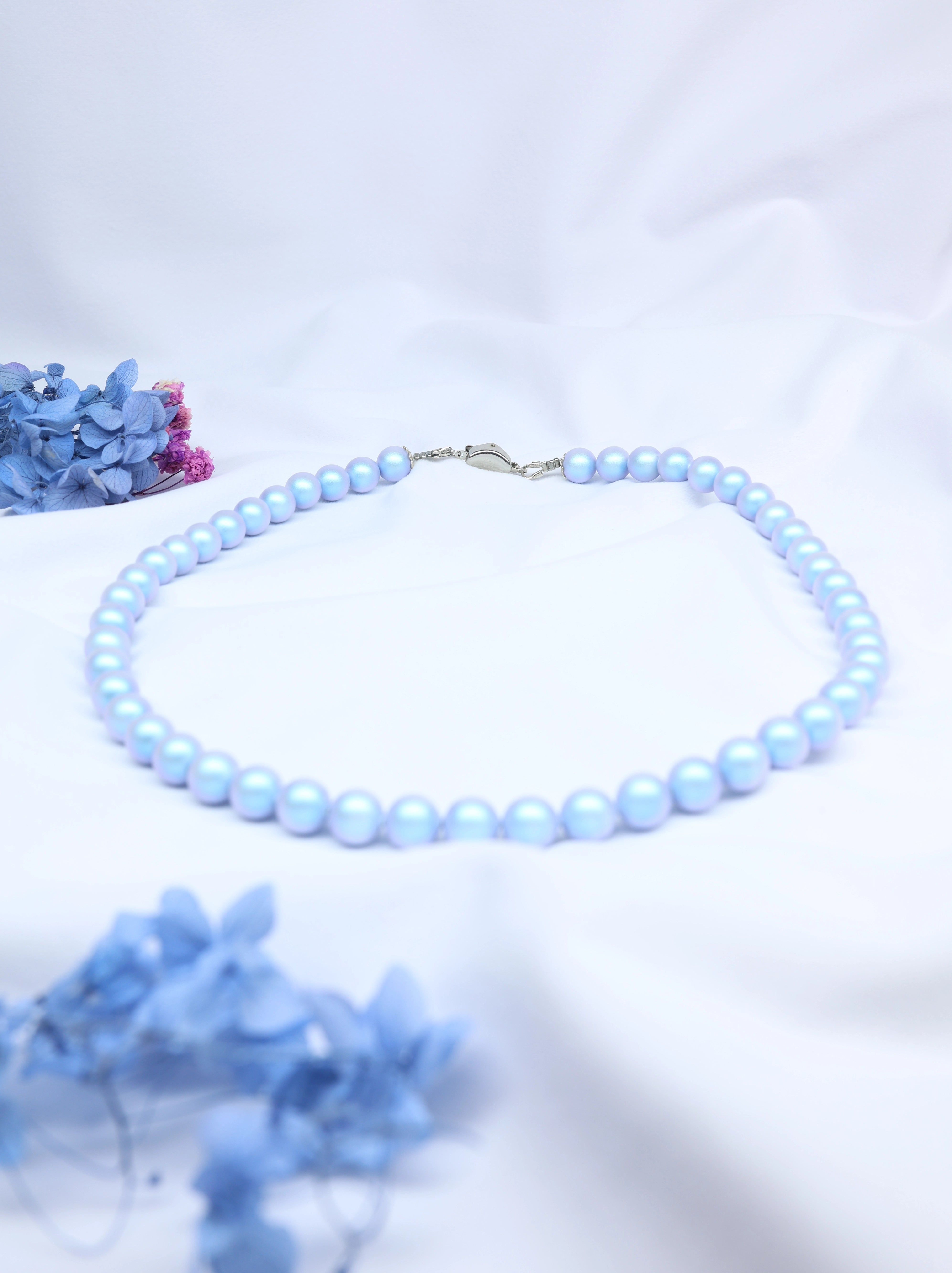 Elegant European Iridescent Light Blue Pearl Necklace