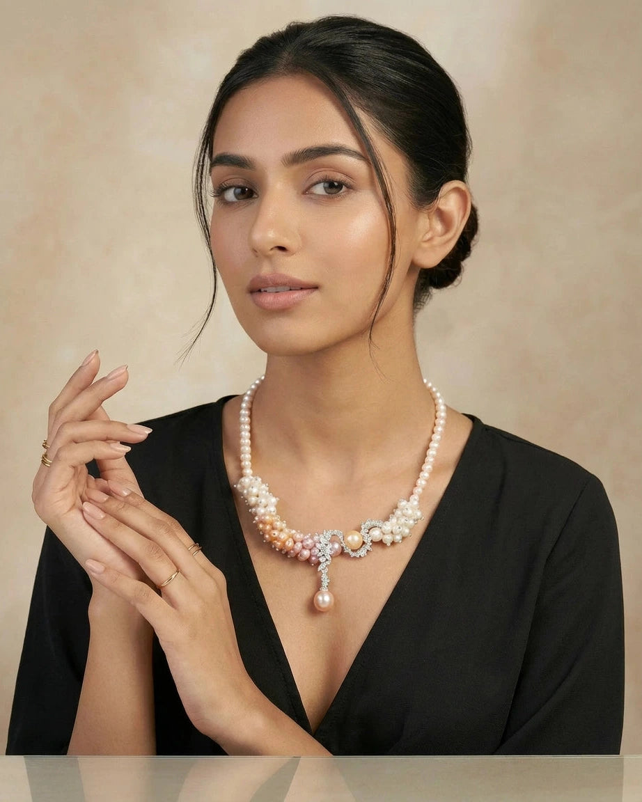 Woman wearing a pearl necklace against a beige background