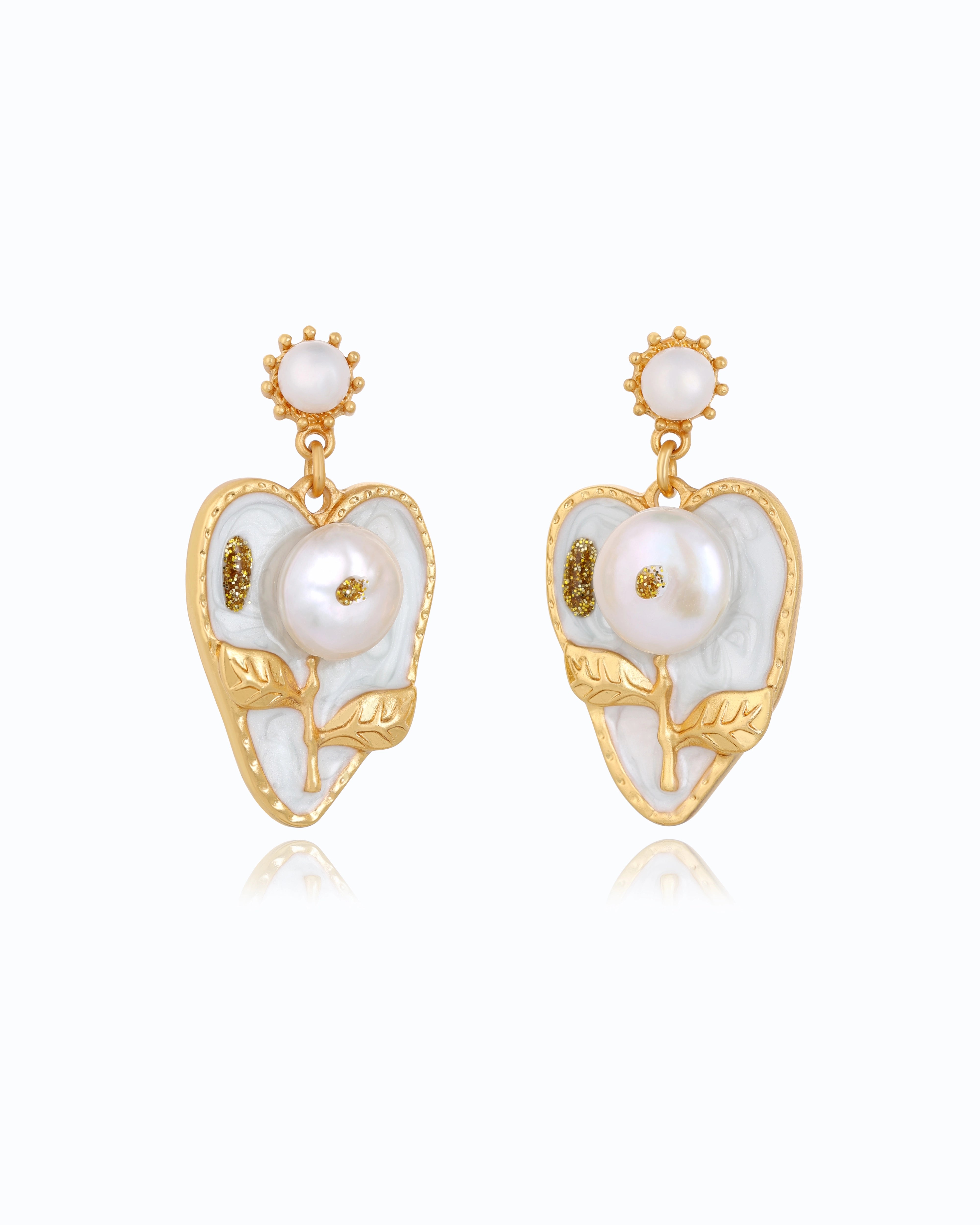 Big Heart Pearl Dangle Earrings – 18K Gold Plated, Bespoke Jewelry 