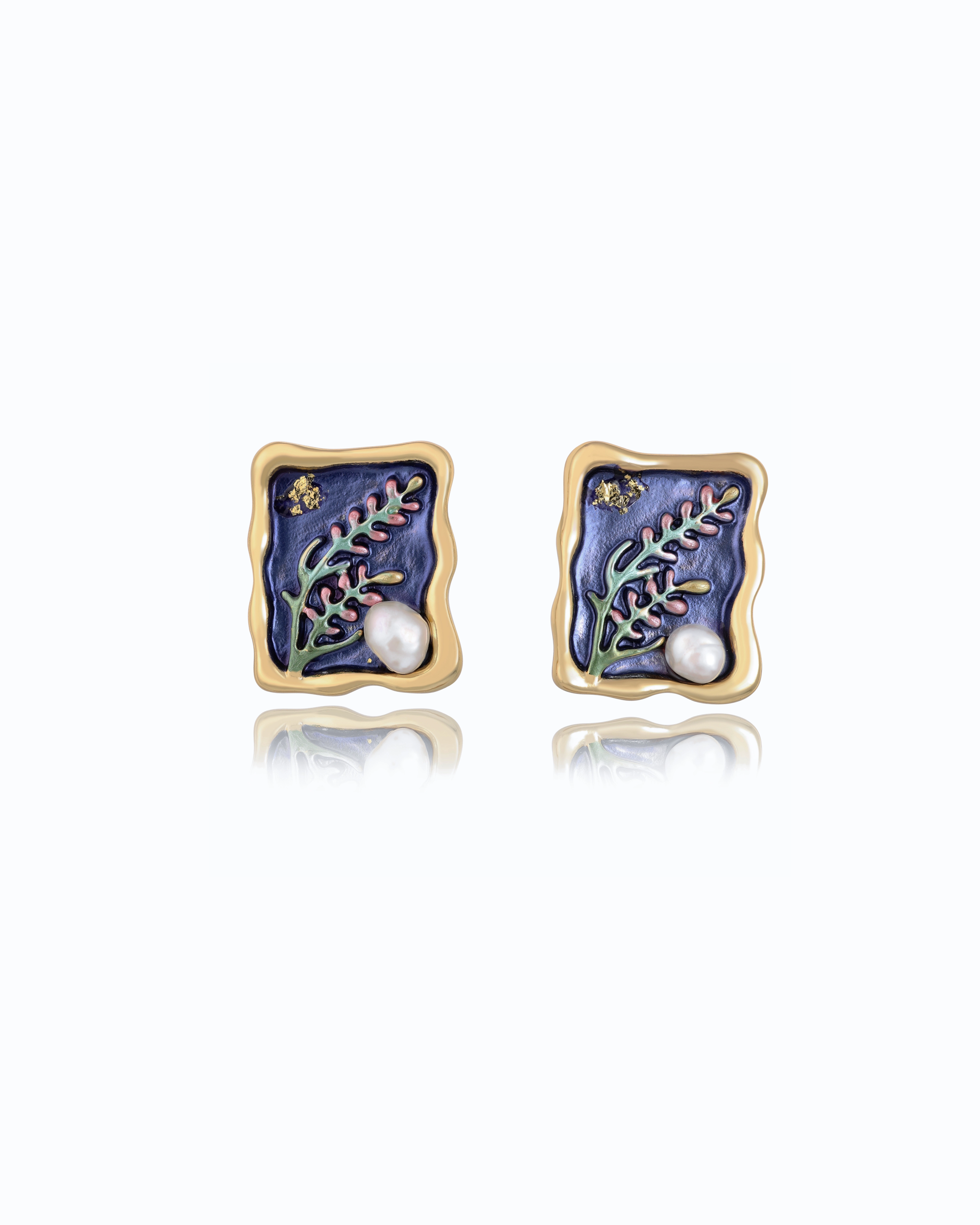 Elegant Blue Frame Pearl Stud Earrings - 18K Gold Plated jewelry