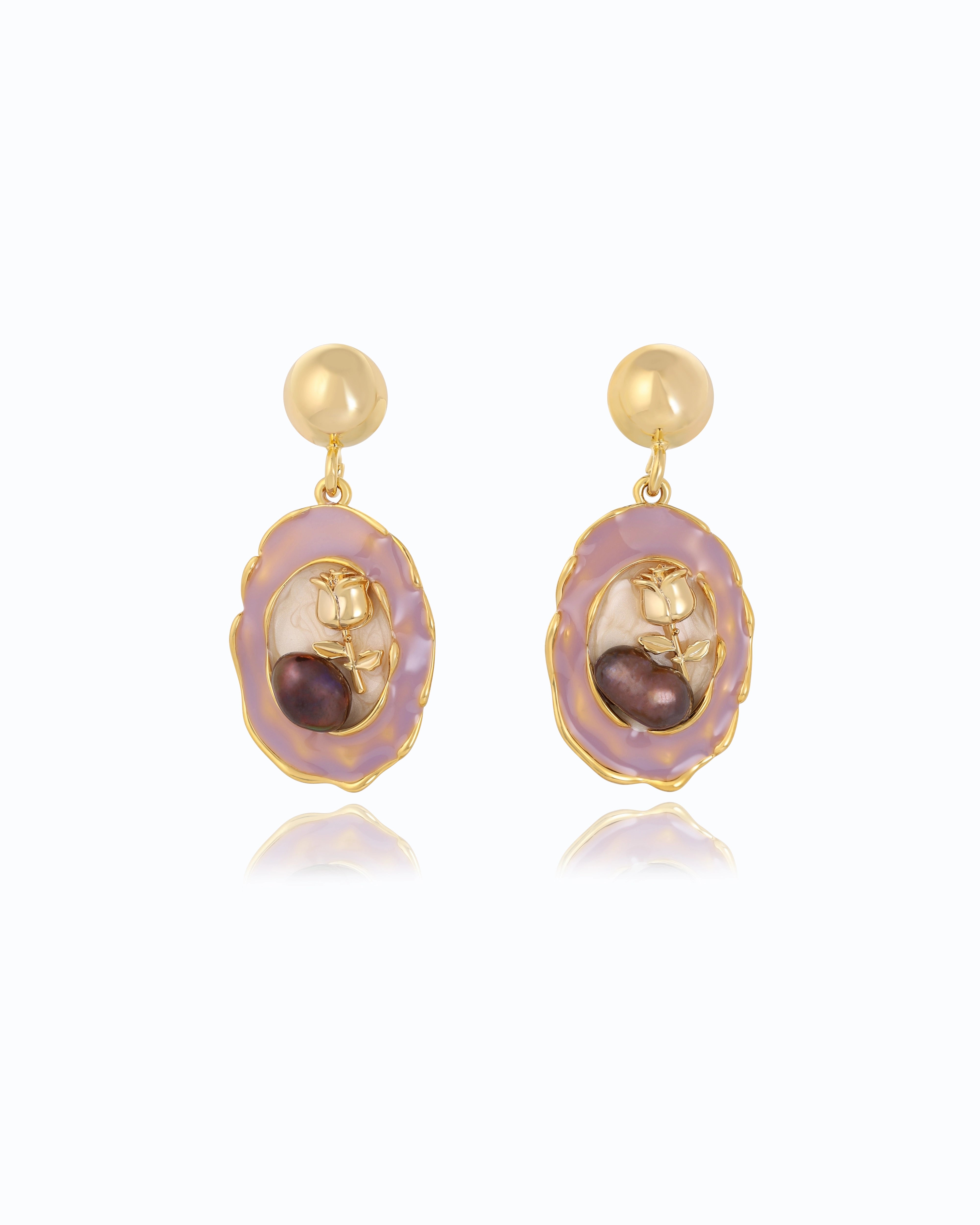 Pearl n Roses Dangle Freshwater Pearl Earrings 18K Gold Plated 