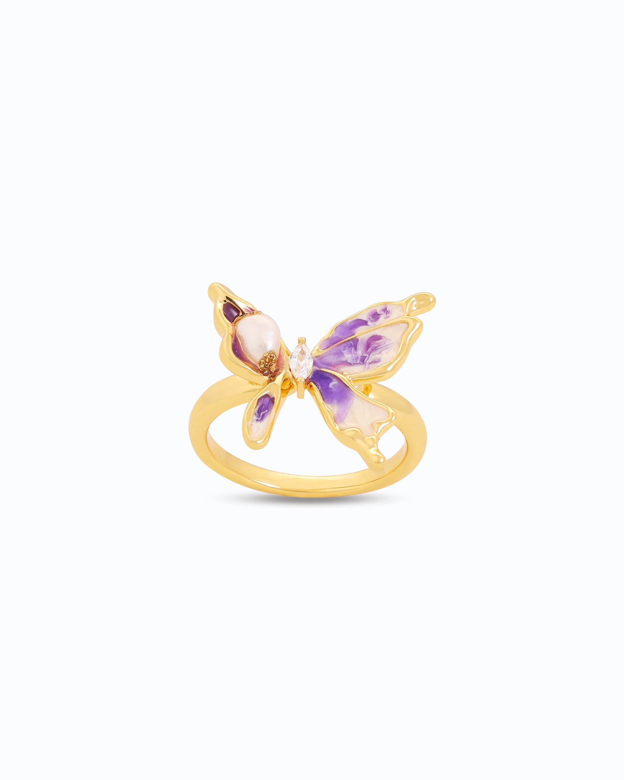 Artistic Butterfly & Pearl Ring | 18K Gold Plated, Bespoke Jewelry