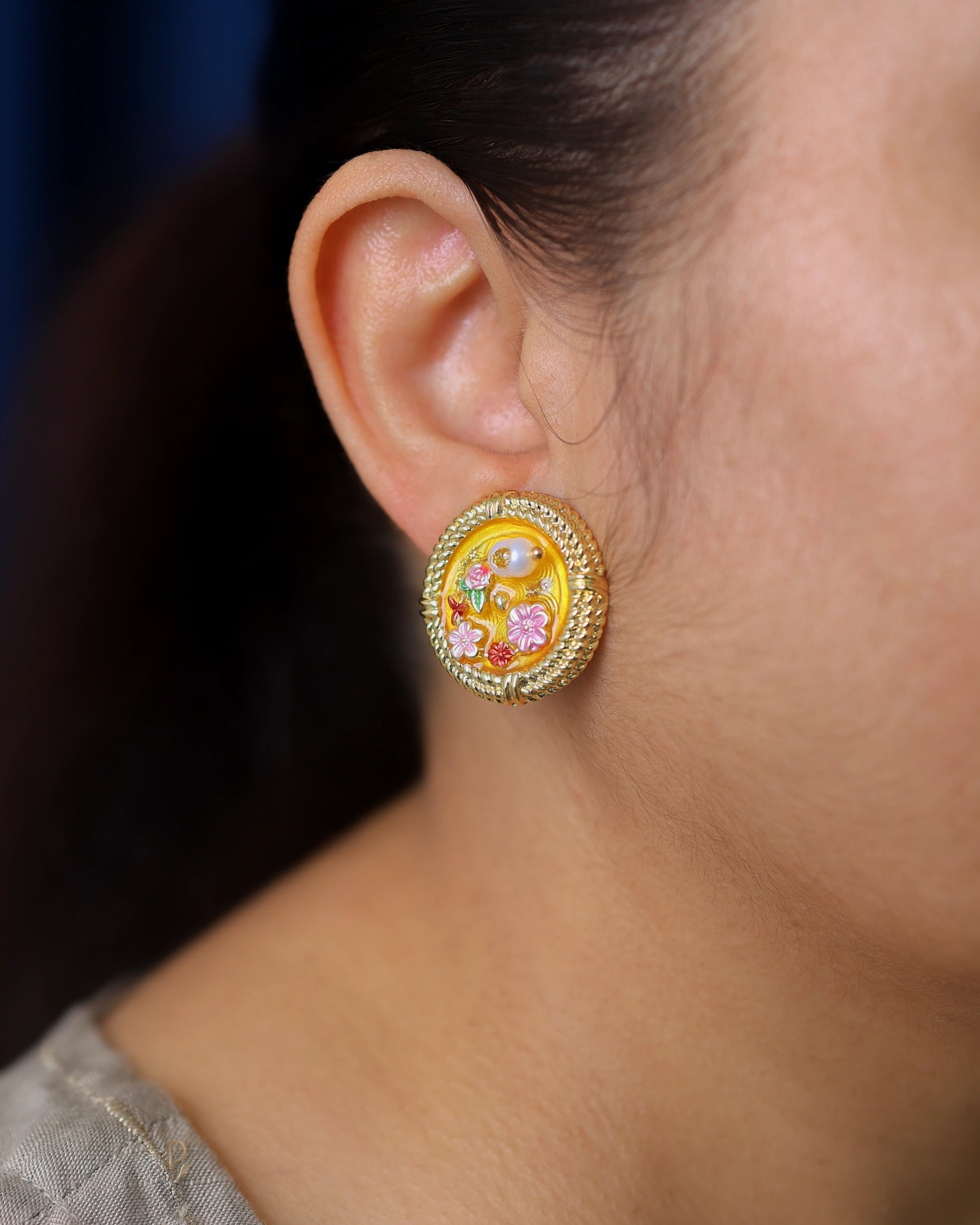 Canary Enamel Circle Pearl Stud hover