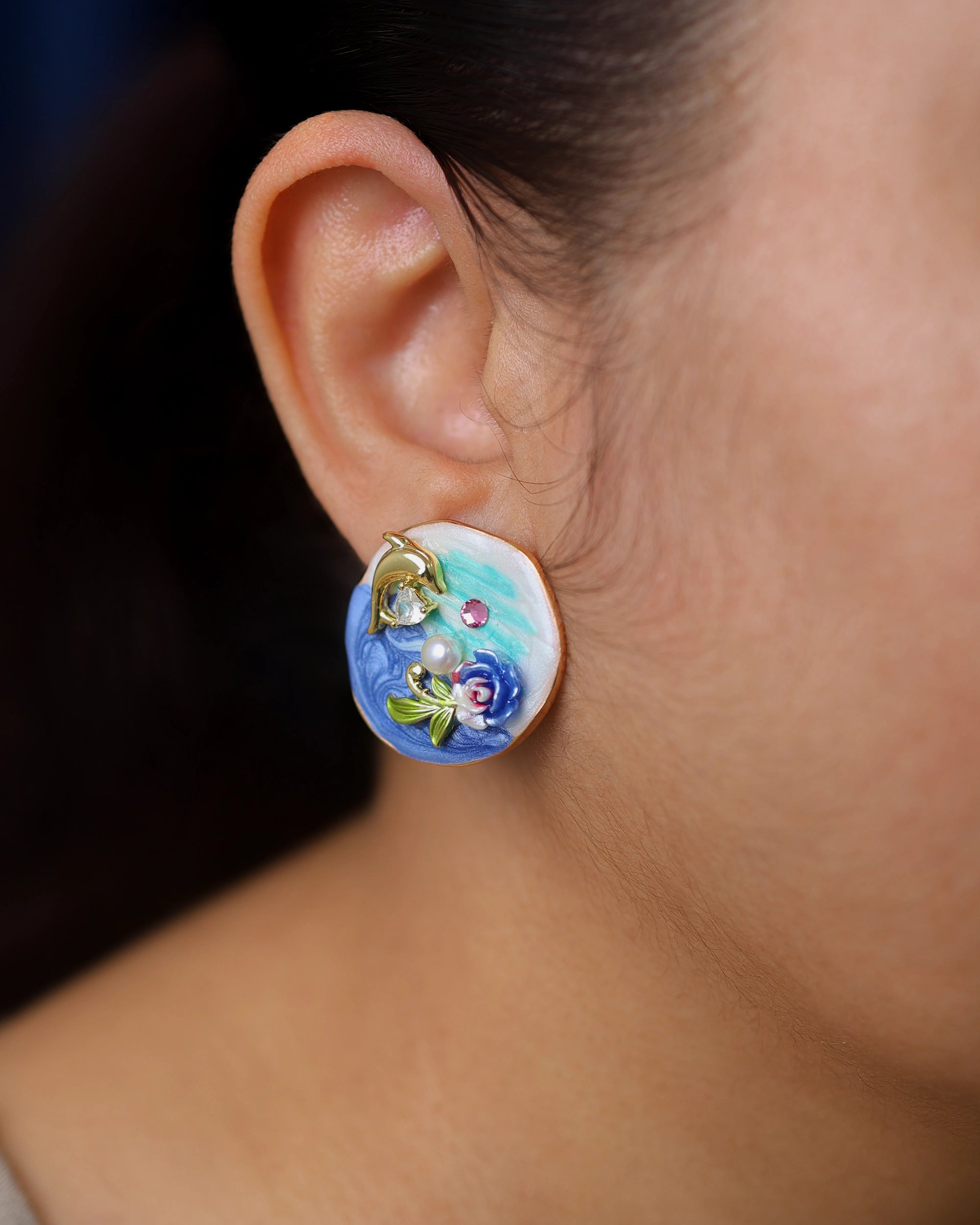 Dolphin in Ocean Pearl Ear Studs hover