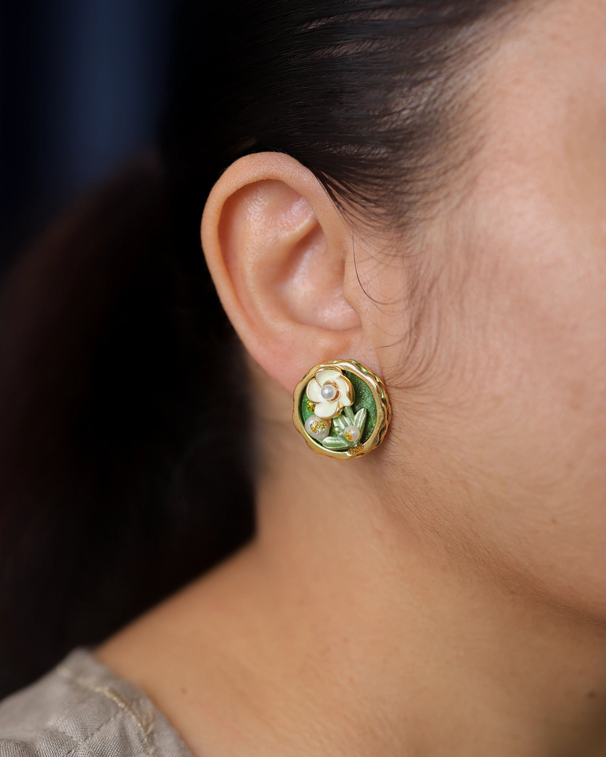 French Floral Green Pearl Ear Studs hover