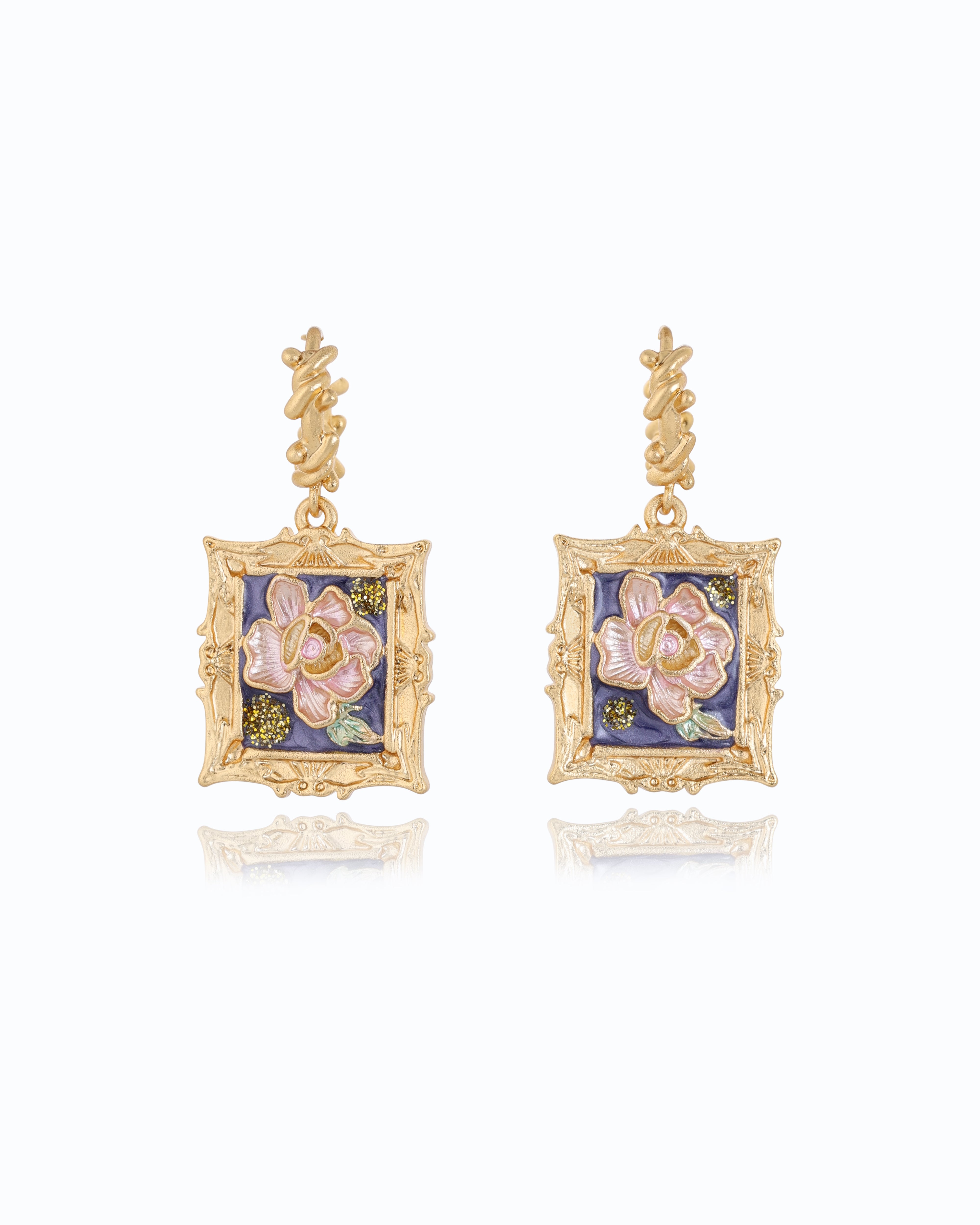 Renaissance Navy Blue Floral Earrings – 18K Gold Plated | Jewelry